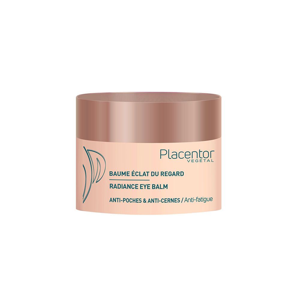 Pot rose avec couvercle marron. Inscription: Placentor Vegetal, Baume Éclat du Regard, Radiance Eye Balm. Anti-Poches & Anti-Cernes.
