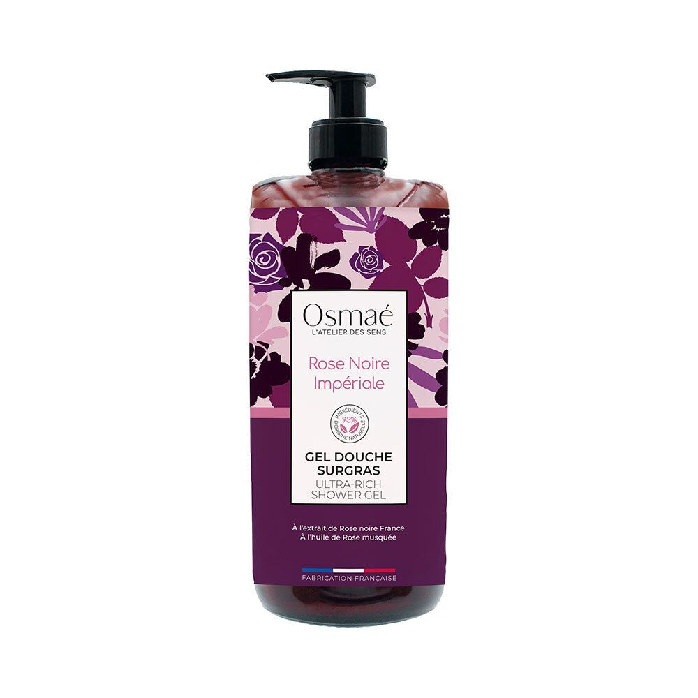 Gel douche Osmaé avec pompe. Inscription: Rose Noire Impériale, Gel douche surgras. Pompe noire sur flacon marron avec motifs floraux.