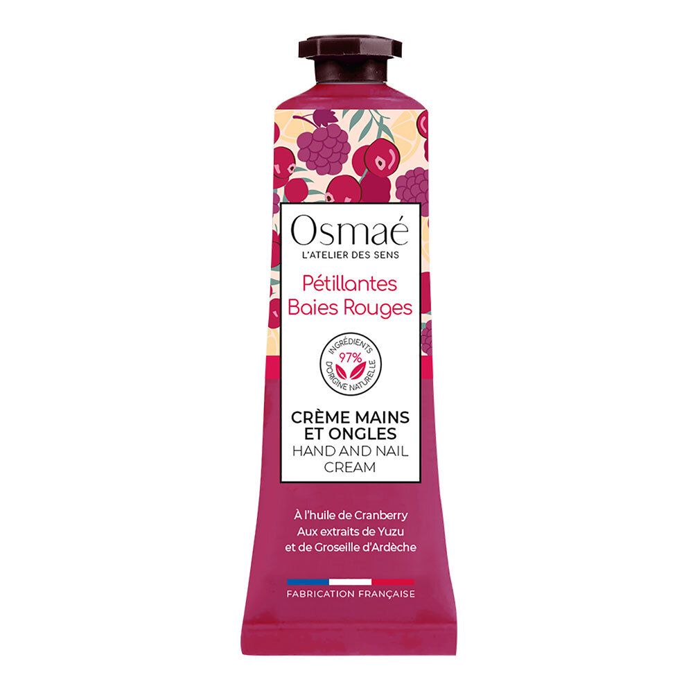 Tube de crème Osmaé, illustration de baies rouges. Inscription : Crème Mains et Ongles Pétillantes Baies Rouges. 97% ingrédients naturels.