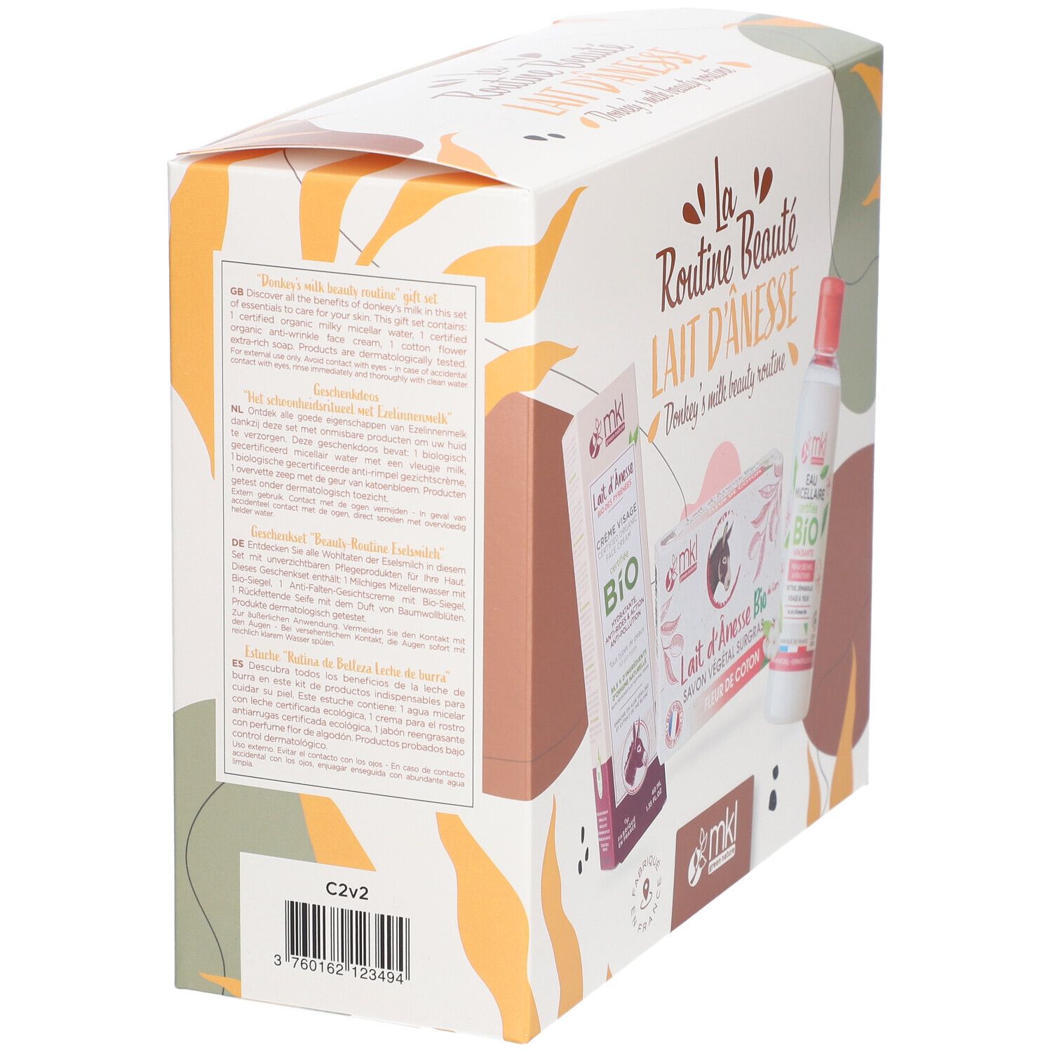 Dos du coffret La Routine Beauté Lait d'Ânesse. Textes multilingues. Produits: crème, savon, eau micellaire.