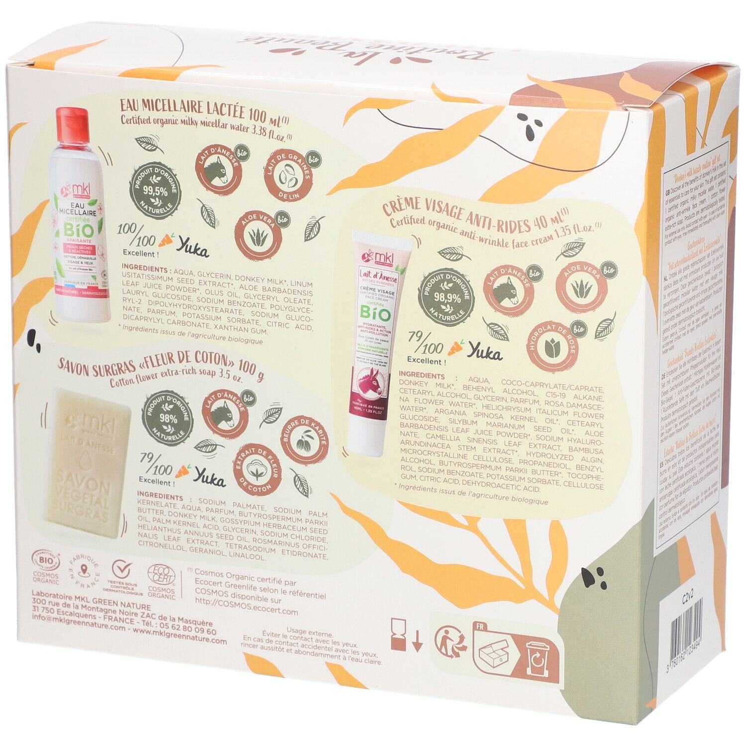 Dos du coffret La Routine Beauté Lait d'Ânesse. Ingrédients et certifications des produits.