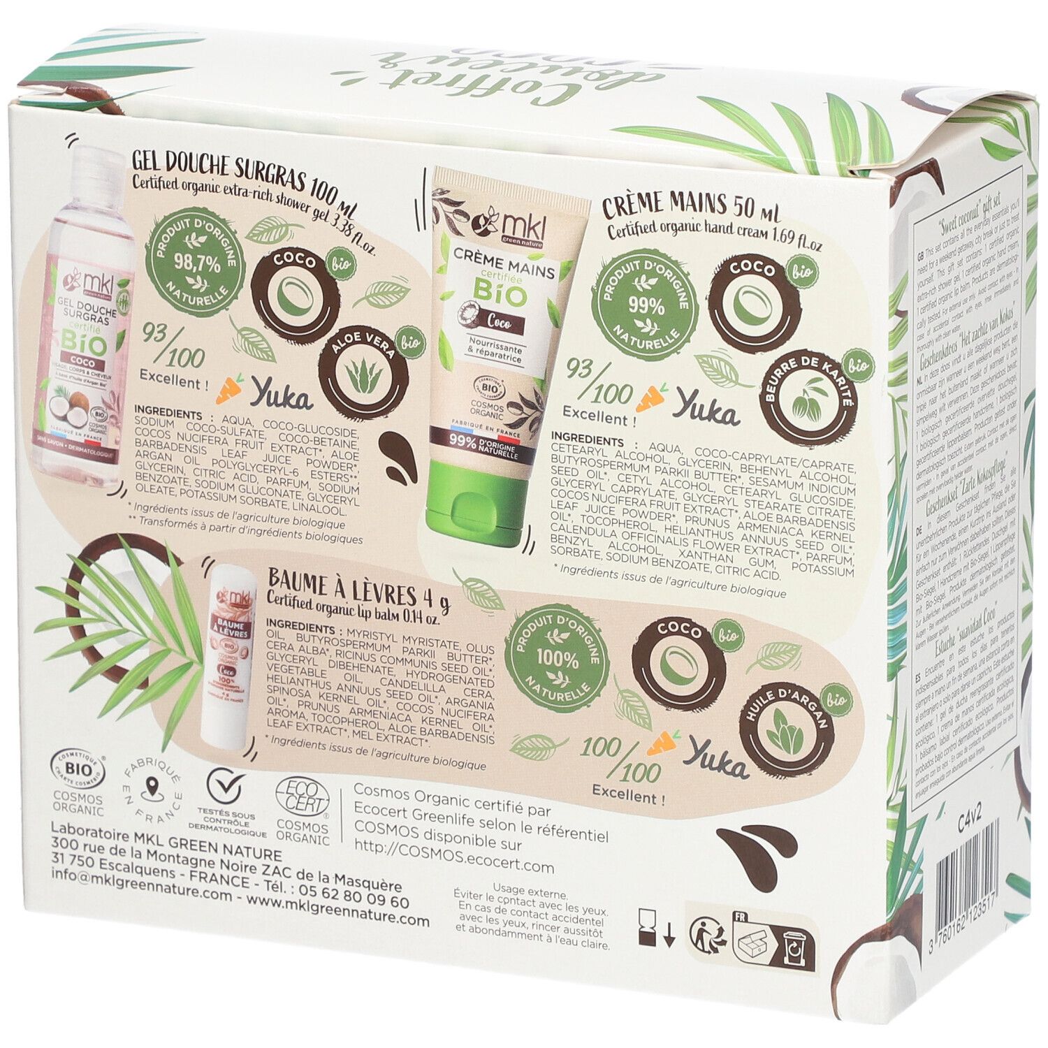 Dos de la boîte cadeau avec informations sur les produits. Ingrédients et certifications inclus.