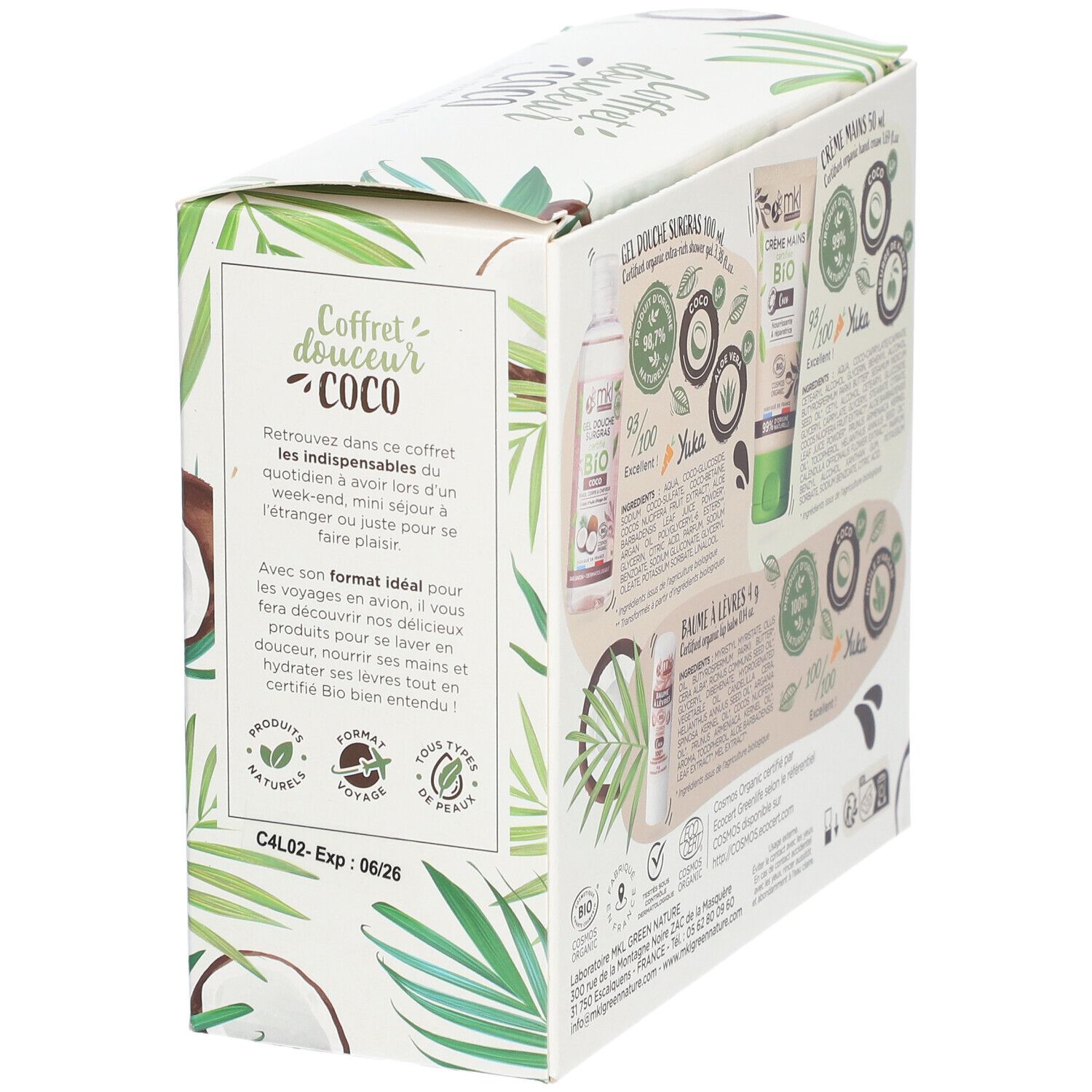 Boîte cadeau avec motifs noix de coco et informations sur les produits. Contient trois produits.