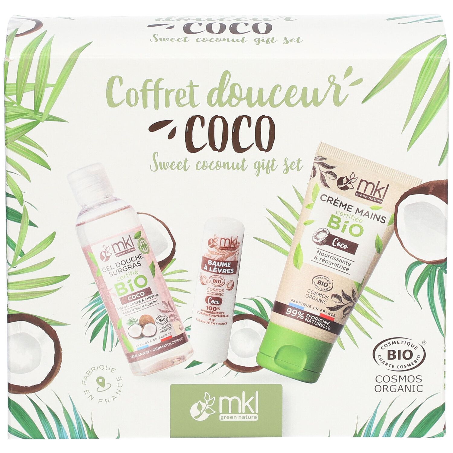 Coffret cadeau avec gel douche, baume à lèvres et crème mains. Emballage avec motifs noix de coco.