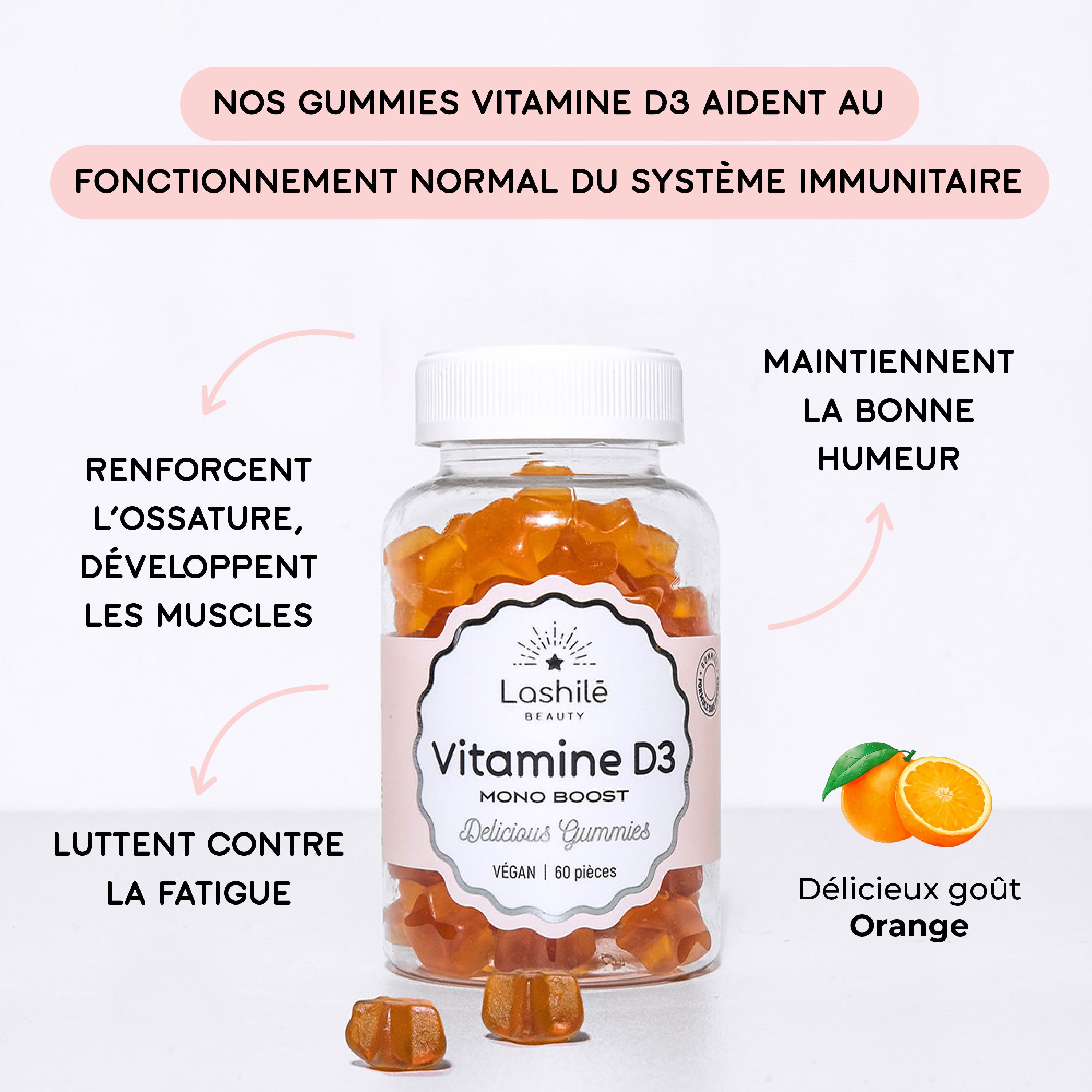 LASHILÉ BEAUTY - Compléments Alimentaires - Vitamine D3 - Fonctionnement normal du système immunitaire - Cure 1 mois - 60 Gummies