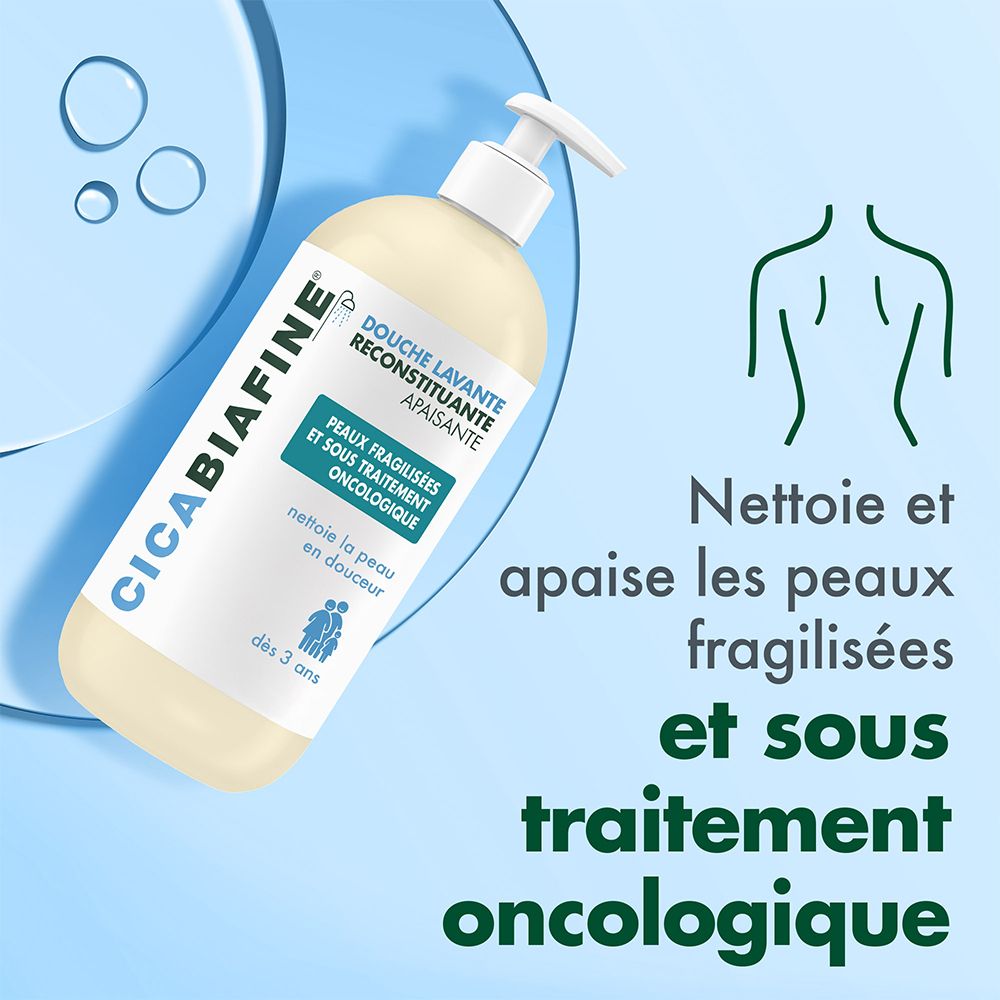 Flacon de CicaBiafine® Douche Lavante. Texte: Nettoie et apaise les peaux fragilisées et sous traitement oncologique.