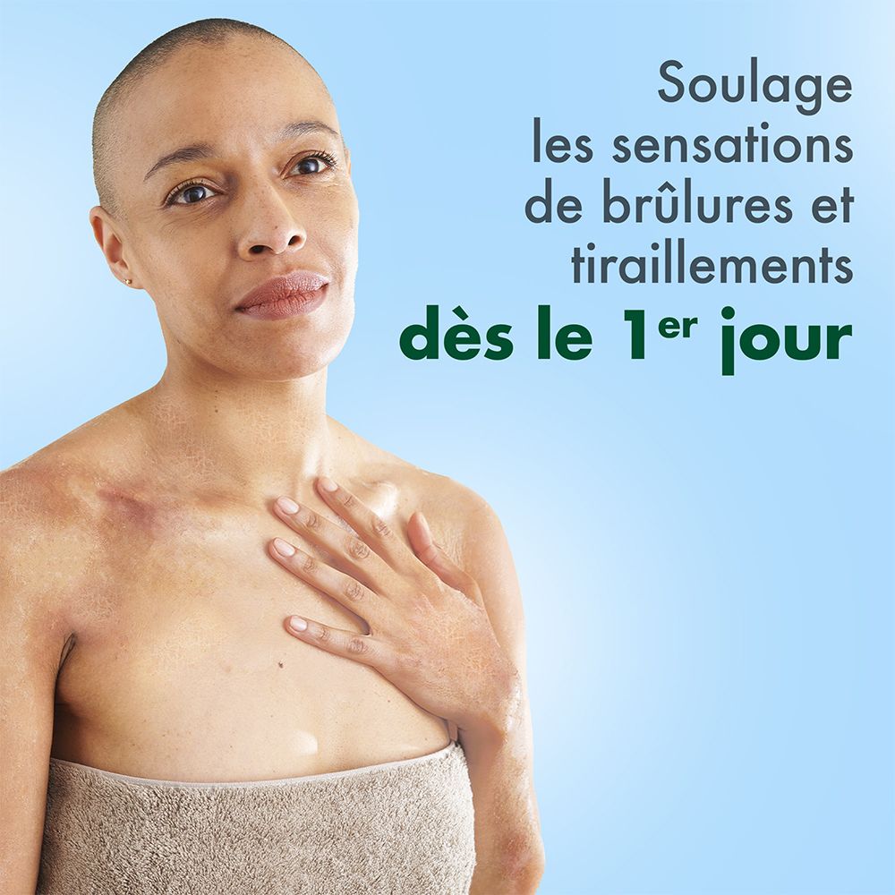 Femme avec tête rasée. Texte: Soulage les sensations de brûlures et tiraillements dès le 1er jour.