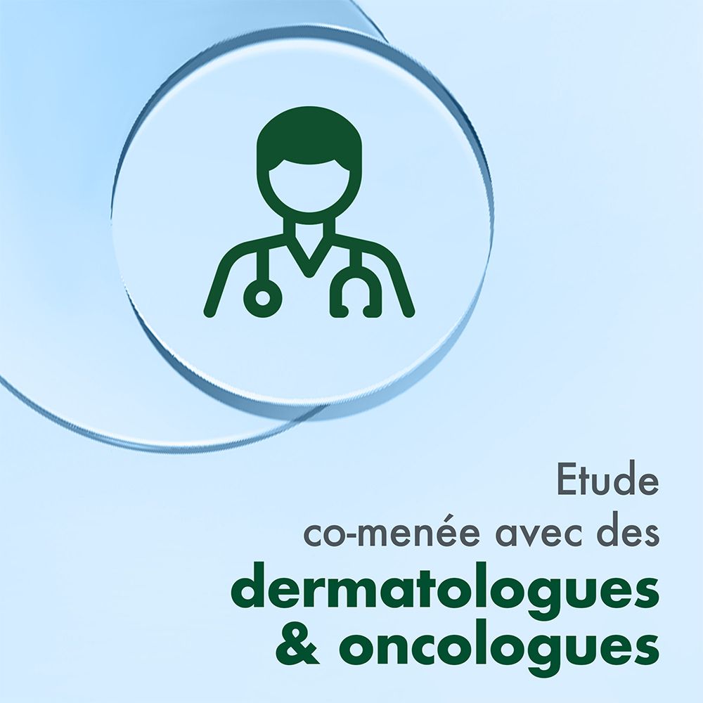 Graphique: symbole de médecin. Texte: Etude co-menée avec des dermatologues & oncologues.