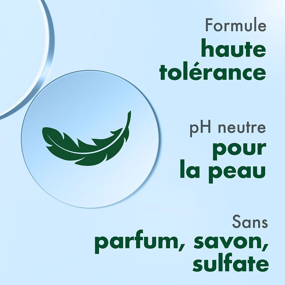 Graphique: symbole de plume. Texte: pH neutre pour la peau. Sans parfum, savon, sulfate.