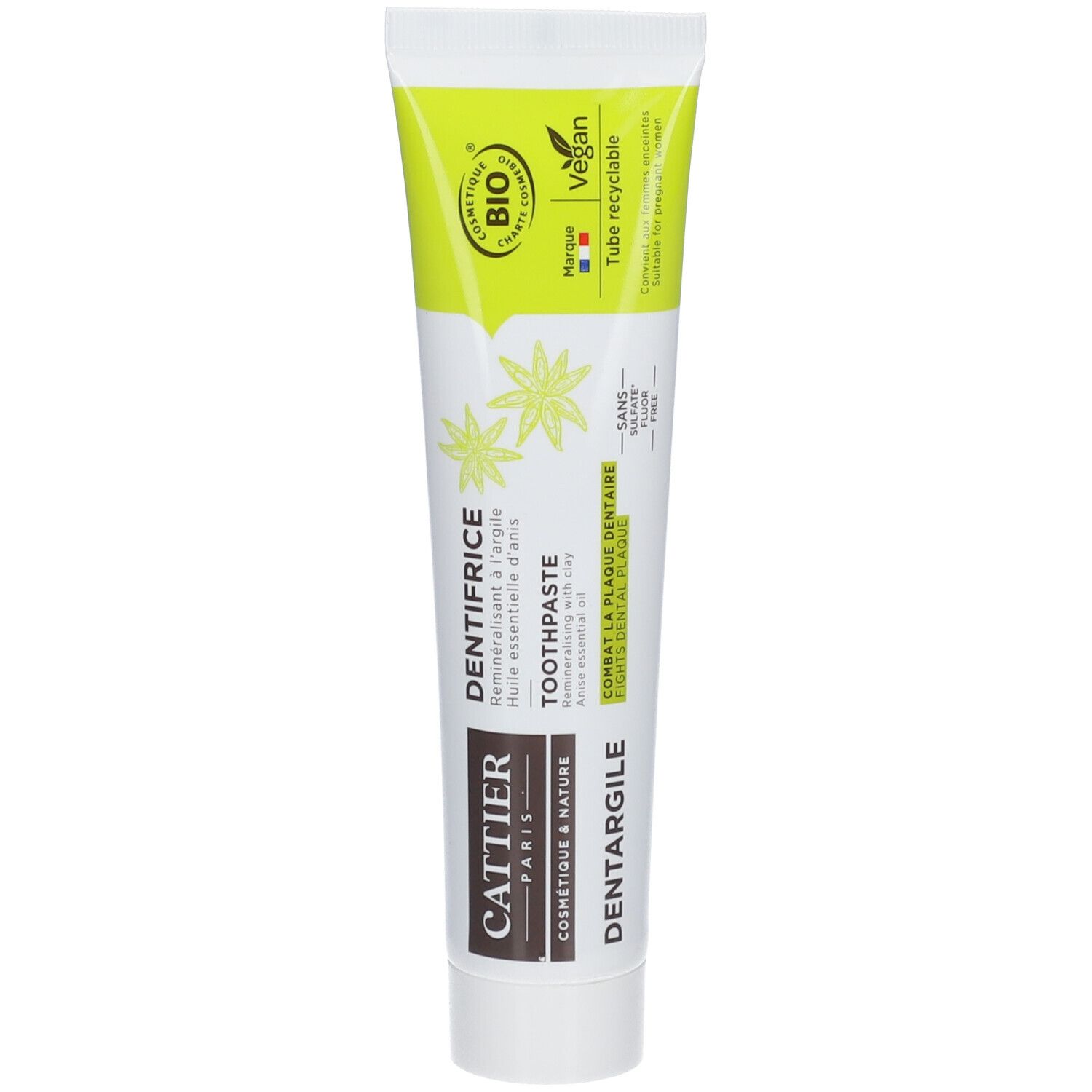 Tube de dentifrice blanc et vert. Inscriptions : "DENTIFRICE", "COMBAT LA PLAQUE DENTAIRE", "Cattier". Certifié bio, label vegan.