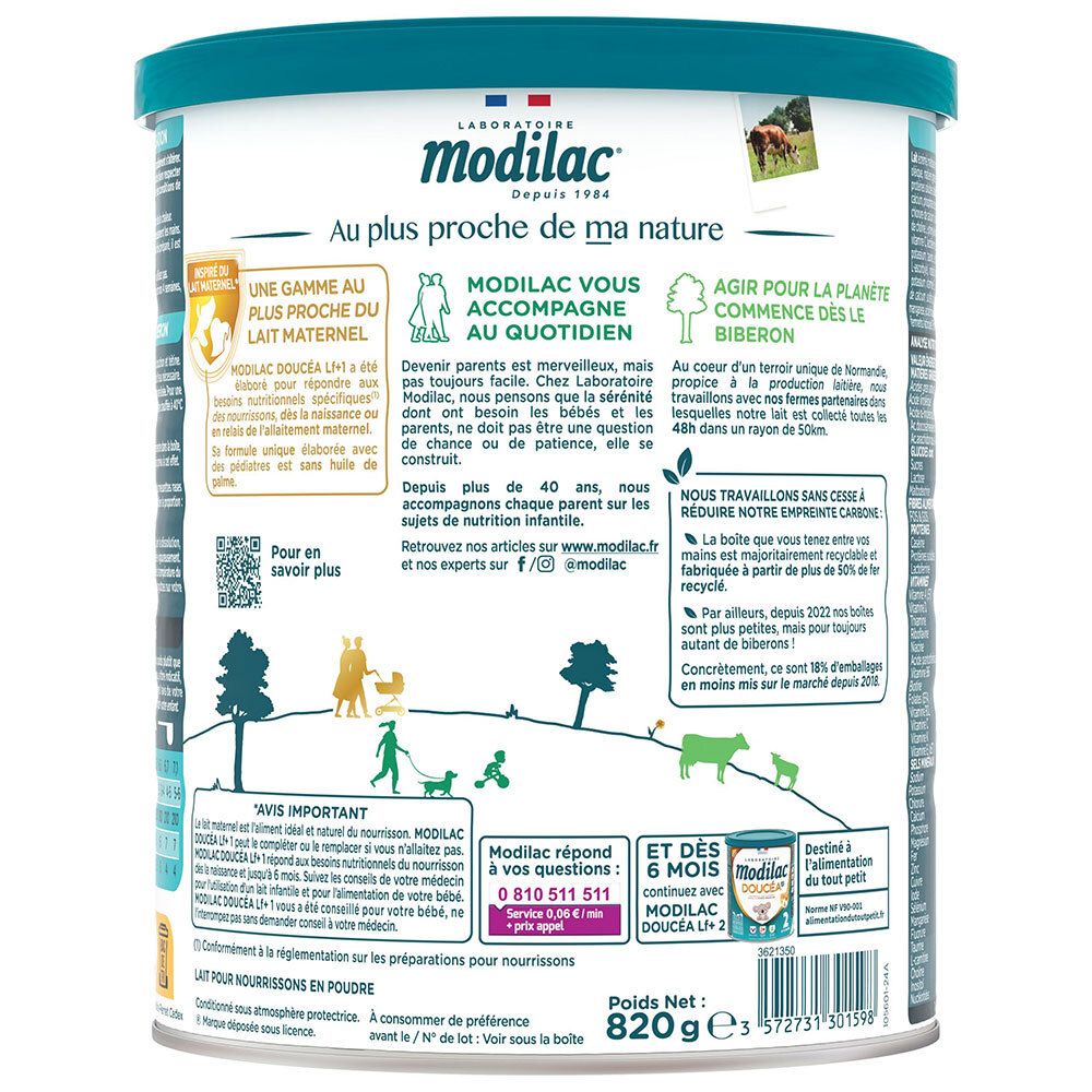 Modilac Doucéa 1: Vue latérale de la boîte avec informations sur la durabilité et la nature.