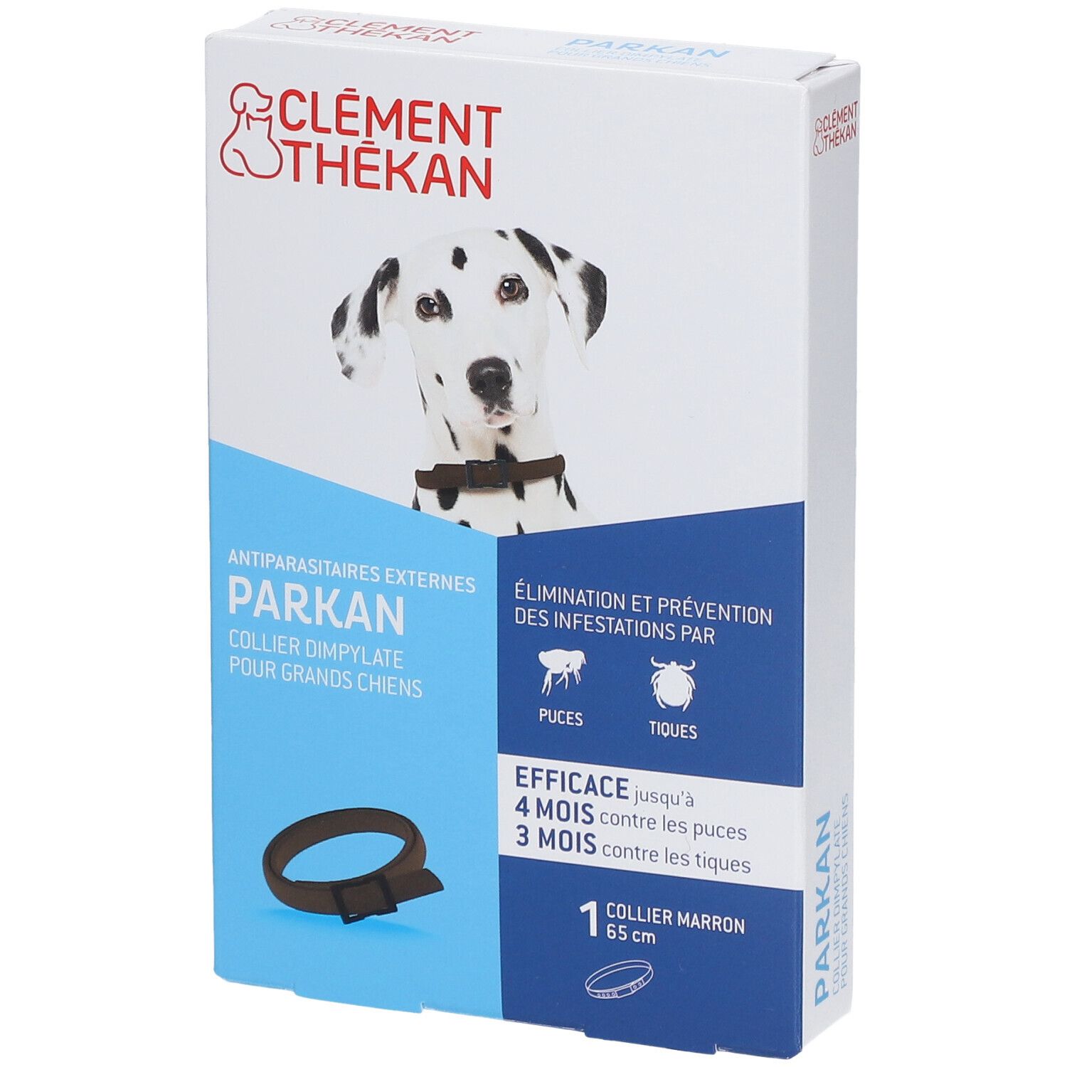 Boîte de collier pour chien Clément Thékan Parkan. Collier marron, 65 cm. Élimination des puces et tiques. Pour grands chiens.