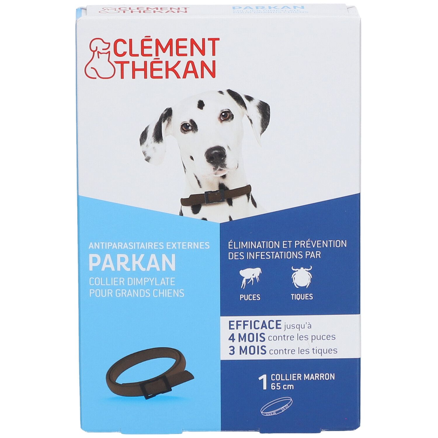 Boîte de collier pour chien Clément Thékan Parkan. Collier marron, 65 cm. Élimination des puces et tiques. Pour grands chiens.