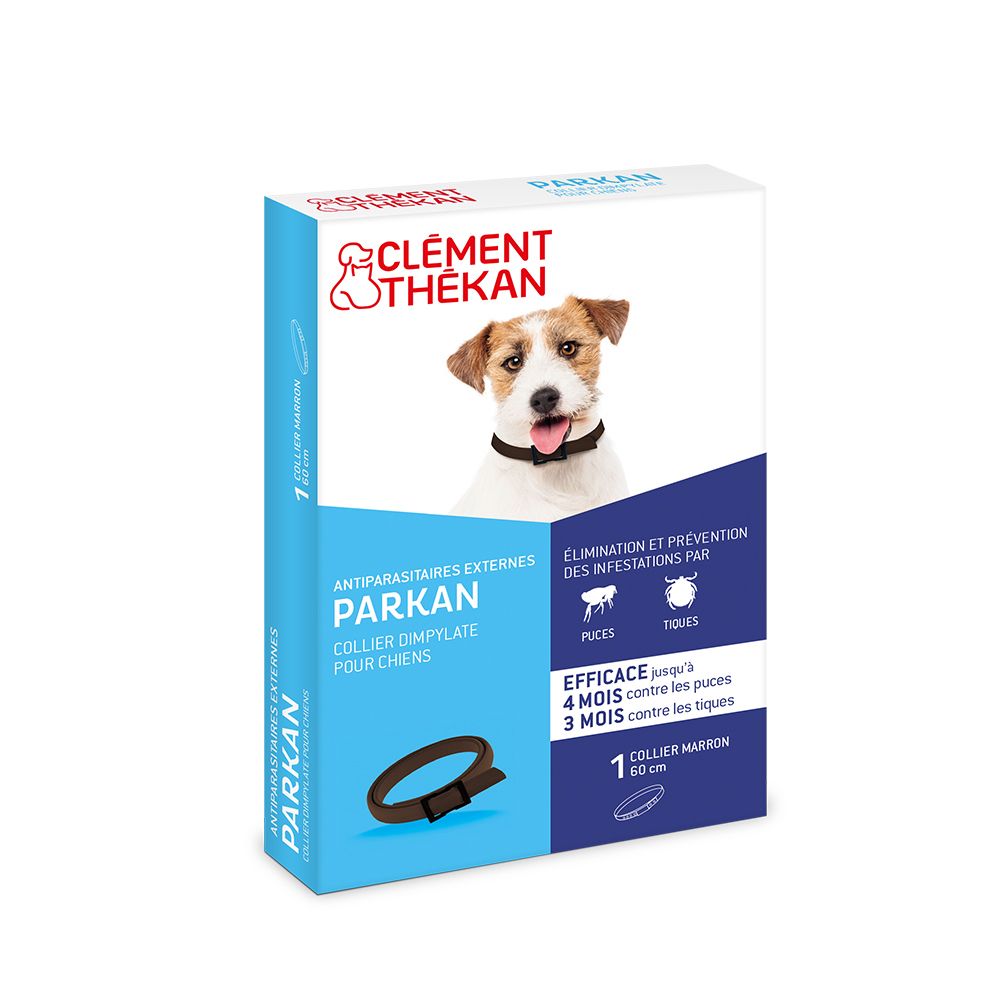 Boîte de collier Clément Thékan Parkan pour chiens. Collier marron, chien sur l'emballage. 60 cm.