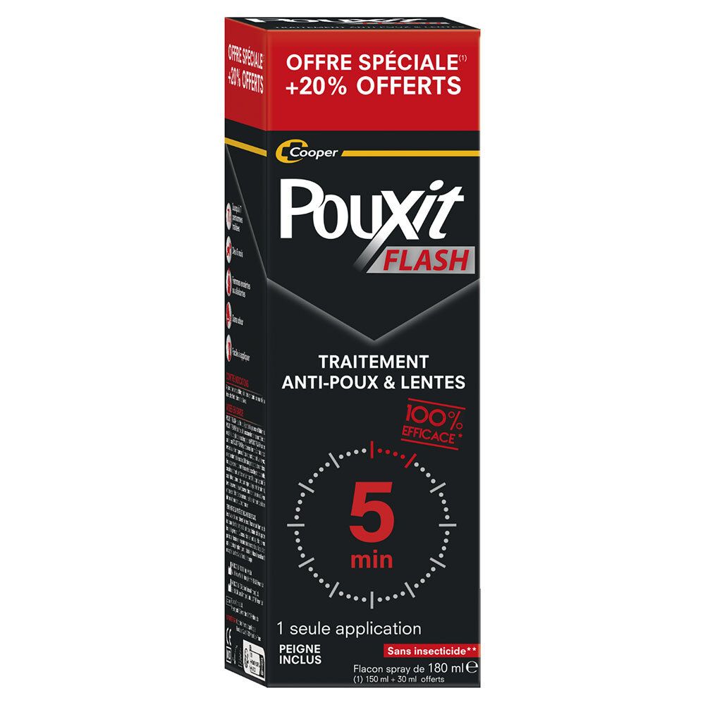 Boîte PouXit Flash. Emballage noir avec détails rouges. Texte: Anti-poux & lentes, 5 minutes, 1 application, peigne inclus.