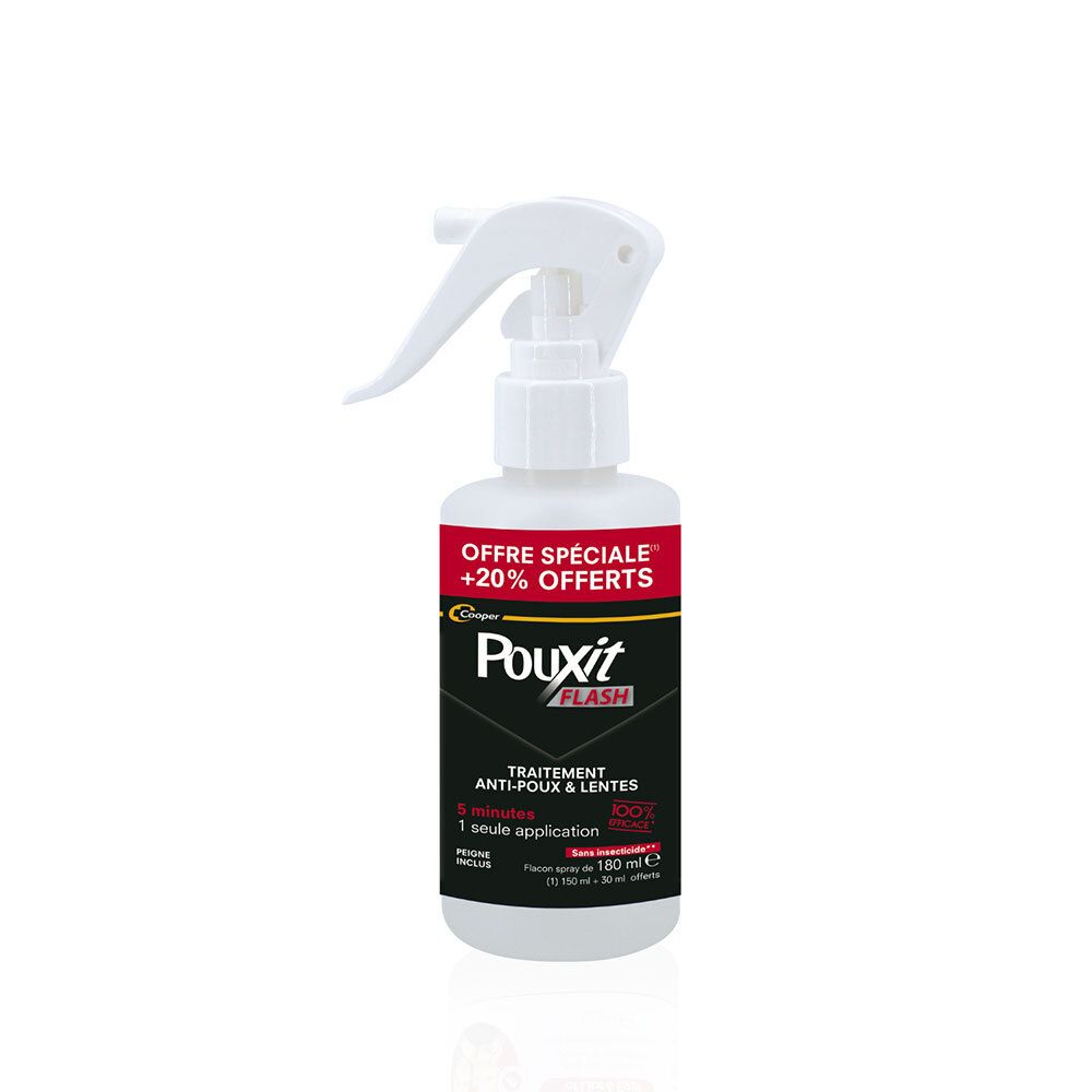 Flacon spray blanc PouXit Flash. Étiquette rouge avec nom et texte. Tête de pulvérisation. Anti-poux & lentes. 180 ml.