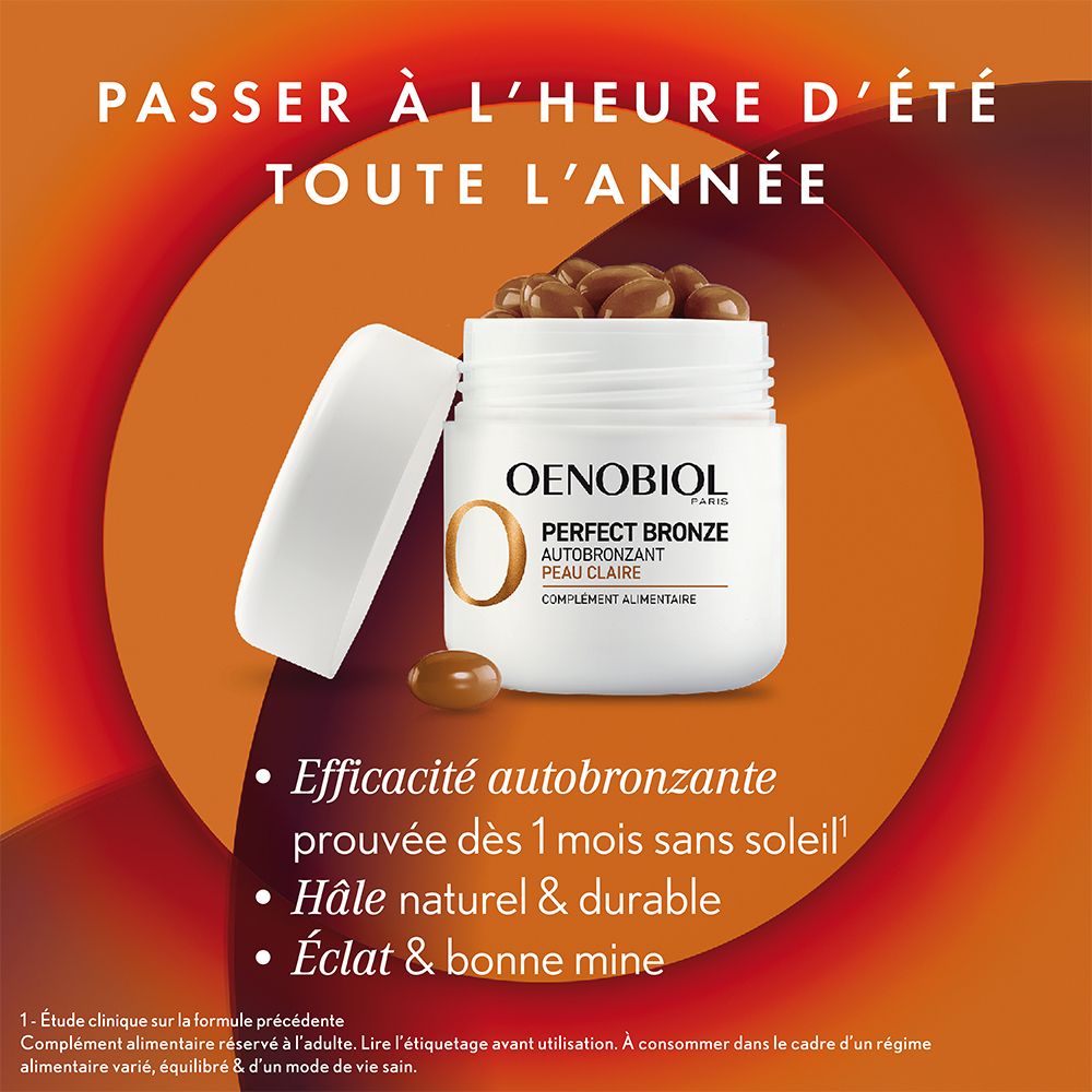 OENOBIOL PERFECT BRONZE Autobronzant Peau Claire - Efficace Dès Le 1Er Mois Sans Soleil - Concentration De 5 Pigments 100% D'Origine Végétale - Complément Alimentaire 30 Capsules - Programme 1 Mois