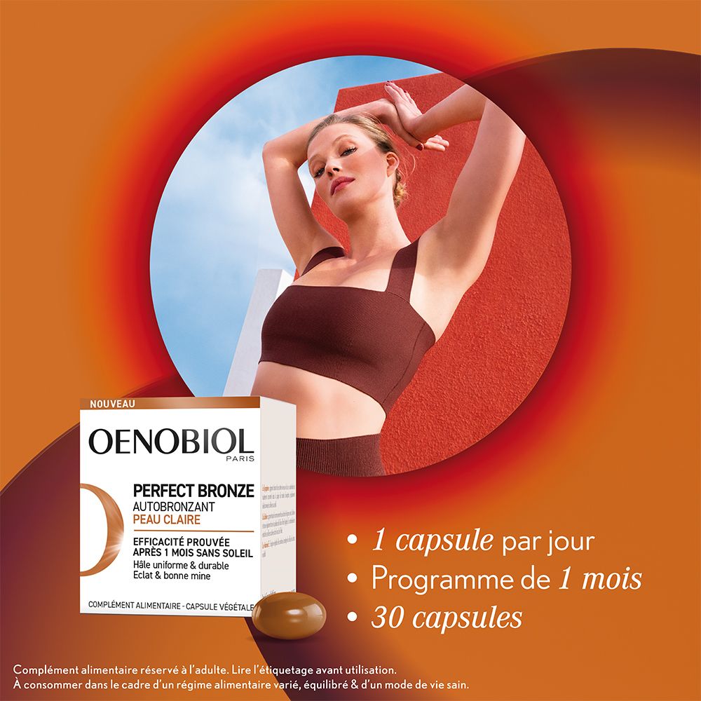 OENOBIOL PERFECT BRONZE Autobronzant Peau Claire - Efficace Dès Le 1Er Mois Sans Soleil - Concentration De 5 Pigments 100% D'Origine Végétale - Complément Alimentaire 30 Capsules - Programme 1 Mois