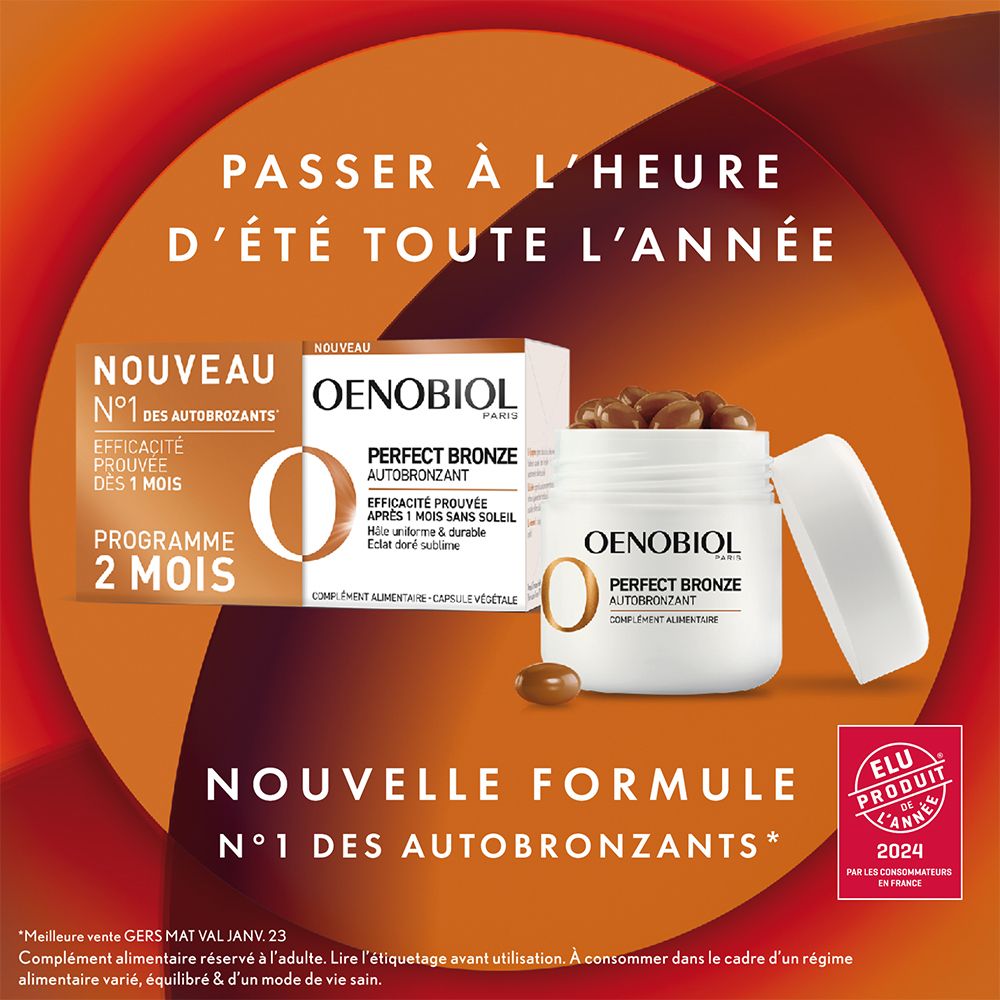 OENOBIOL PERFECT BRONZE AUTOBRONZANT - Efficace Dès Le 1er Mois Sans Soleil - Concentration De 5 Pigments 100% D'Origine Végétale - Complément Alimentaire 2X30 Capsules - Programme 2 Mois