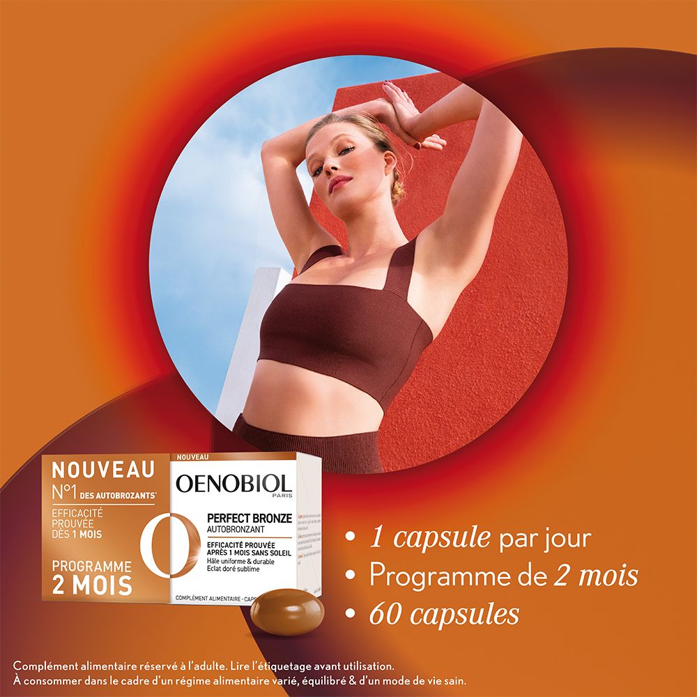 OENOBIOL PERFECT BRONZE AUTOBRONZANT - Efficace Dès Le 1er Mois Sans Soleil - Concentration De 5 Pigments 100% D'Origine Végétale - Complément Alimentaire 2X30 Capsules - Programme 2 Mois