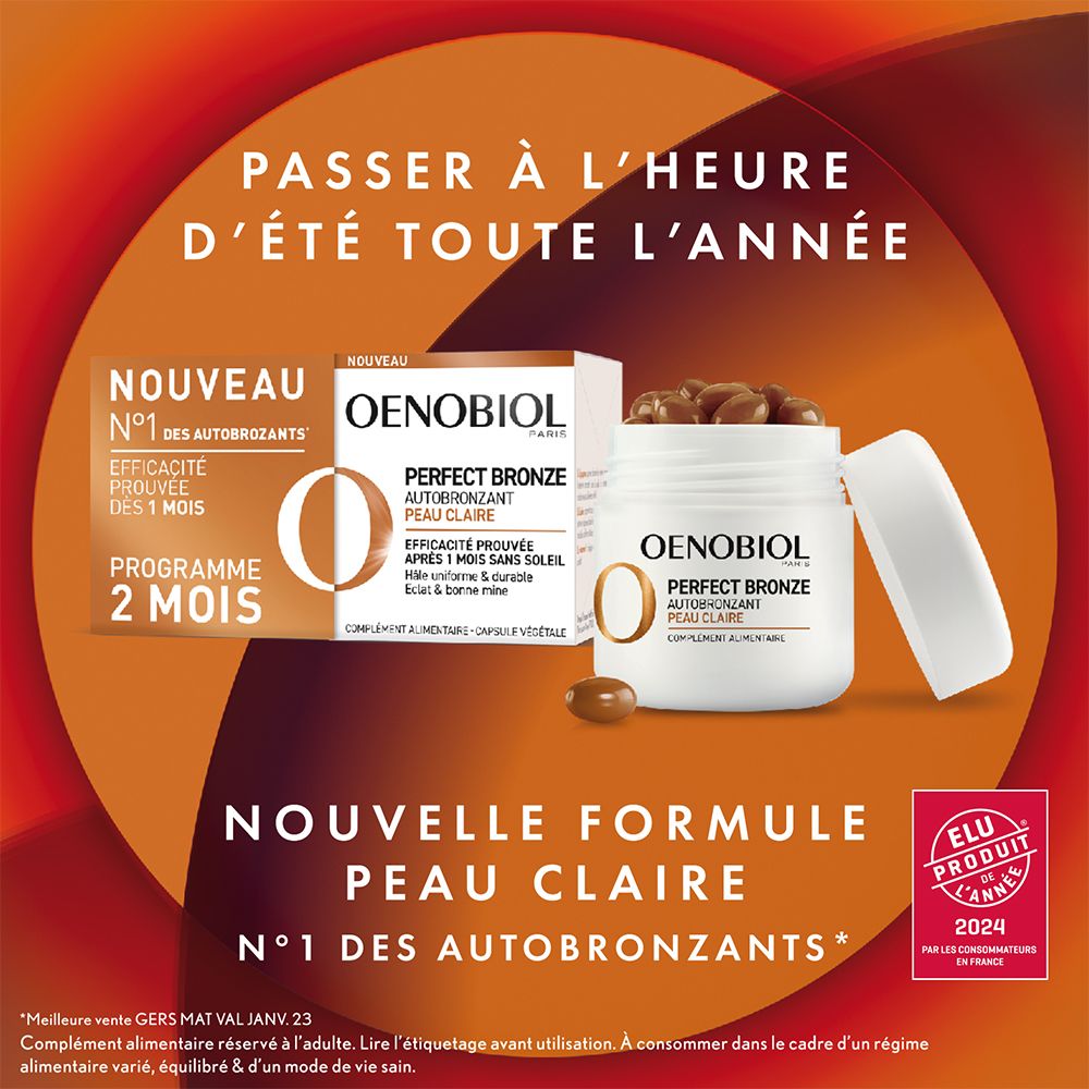OENOBIOL PERFECT BRONZE Autobronzant Peau Claire - Efficace Dès Le 1Er Mois Sans Soleil - Concentration De 5 Pigments 100% D'Origine Végétale - Complément Alimentaire 2X30 Capsules - Programme 2 Mois