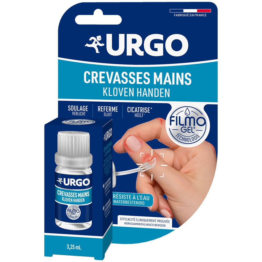 Emballage URGO Crevasses Mains, flacon et applicateur. Doigt avec fissure. Inscription: SOULAGE, REFERME, CICATRISE. Filmogel.