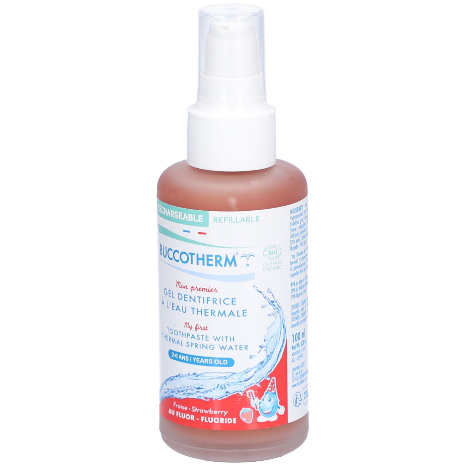 Flacon rose avec pompe blanche. Inscription: Buccotherm, Mon premier gel dentifrice à l'eau thermale, 2-6 ans.