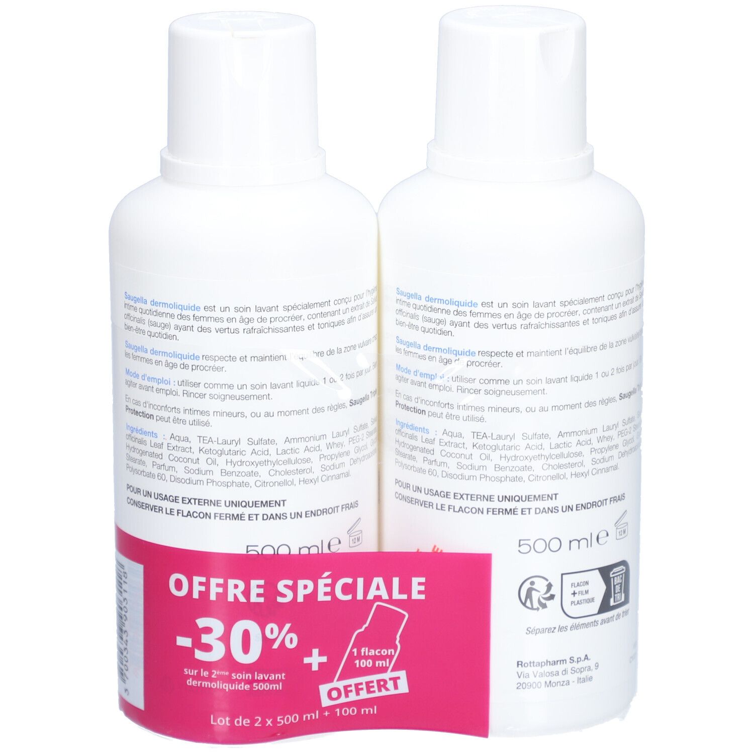 Deux flacons blancs Saugella Dermo. Inscription: Offre spéciale -30%. Dos avec ingrédients et mode d'emploi.