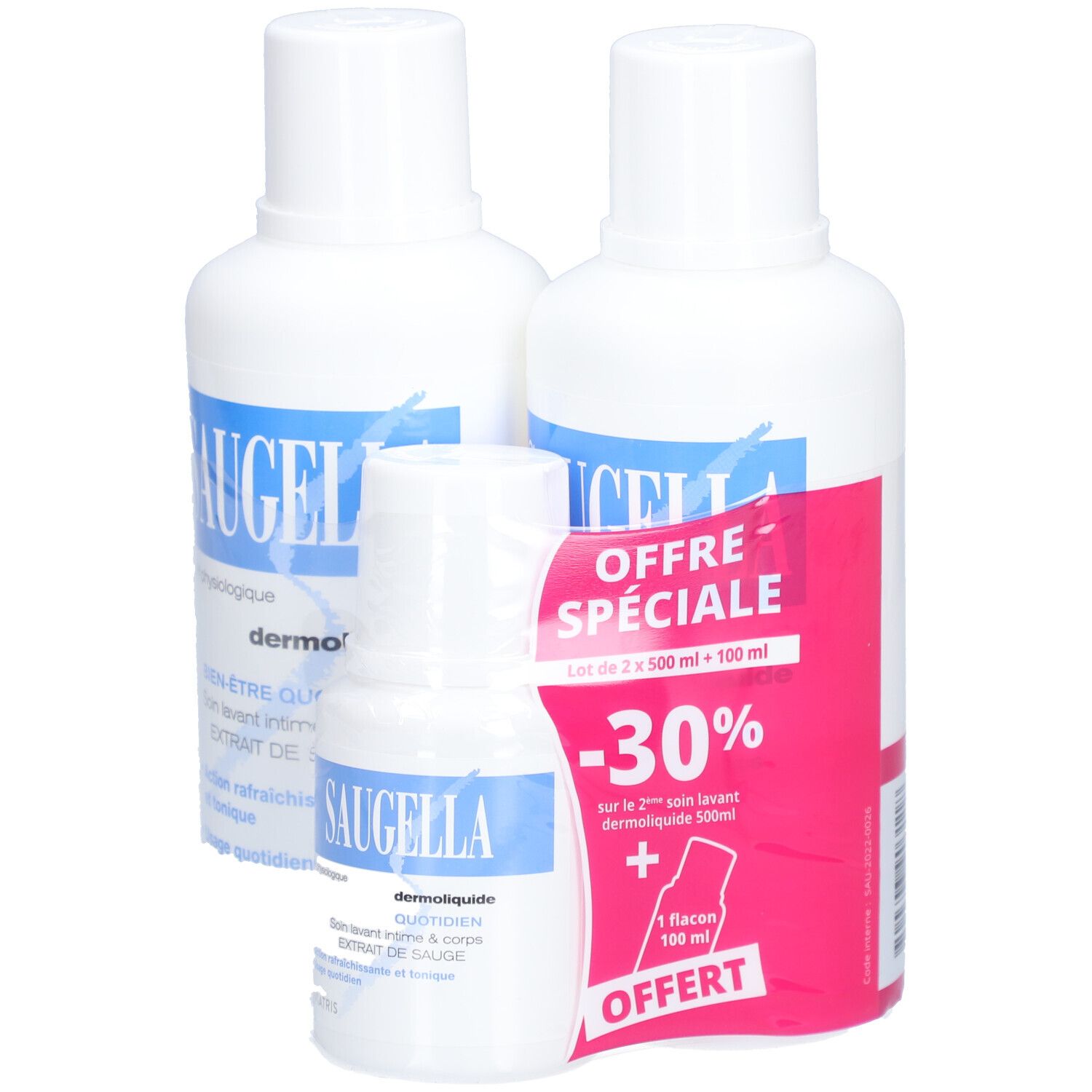 Trois flacons Saugella Dermo. Deux grands flacons blancs et un petit flacon. Inscription: Offre spéciale -30%.
