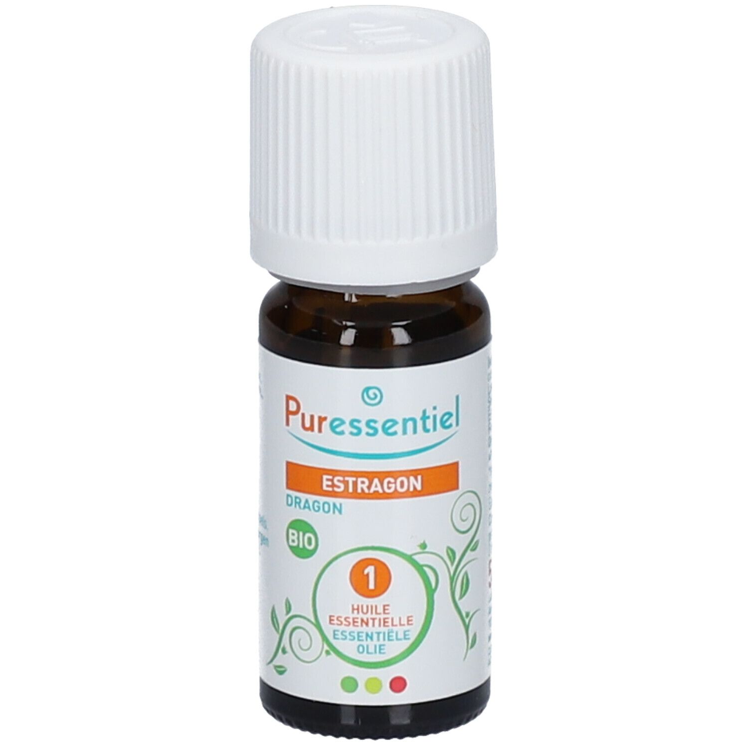 Flacon en verre brun avec bouchon blanc. Inscription: Puressentiel Estragon BIO. Illustration de feuilles vertes.