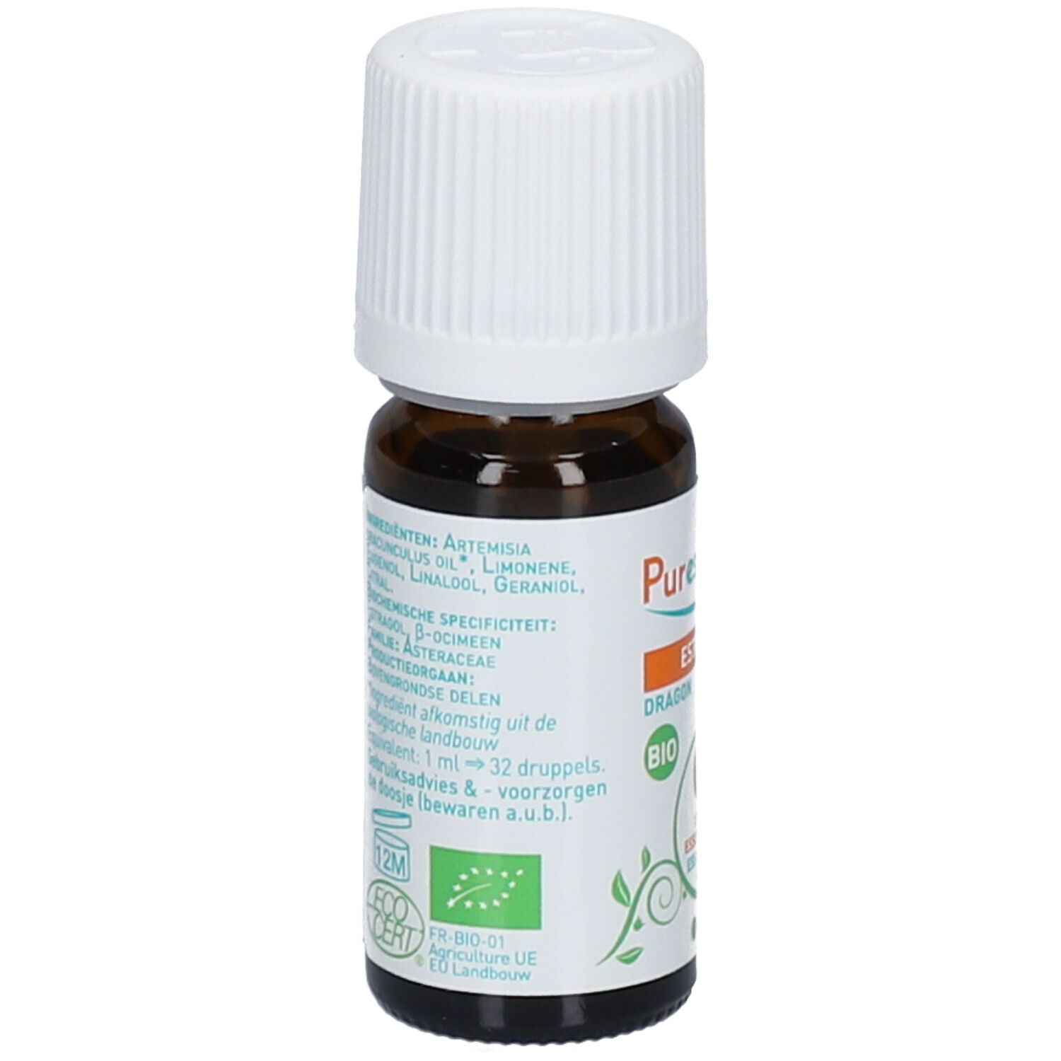 Dos d'un flacon en verre brun avec bouchon blanc. Texte: Ingrédients, spécifications, origine, conservation.
