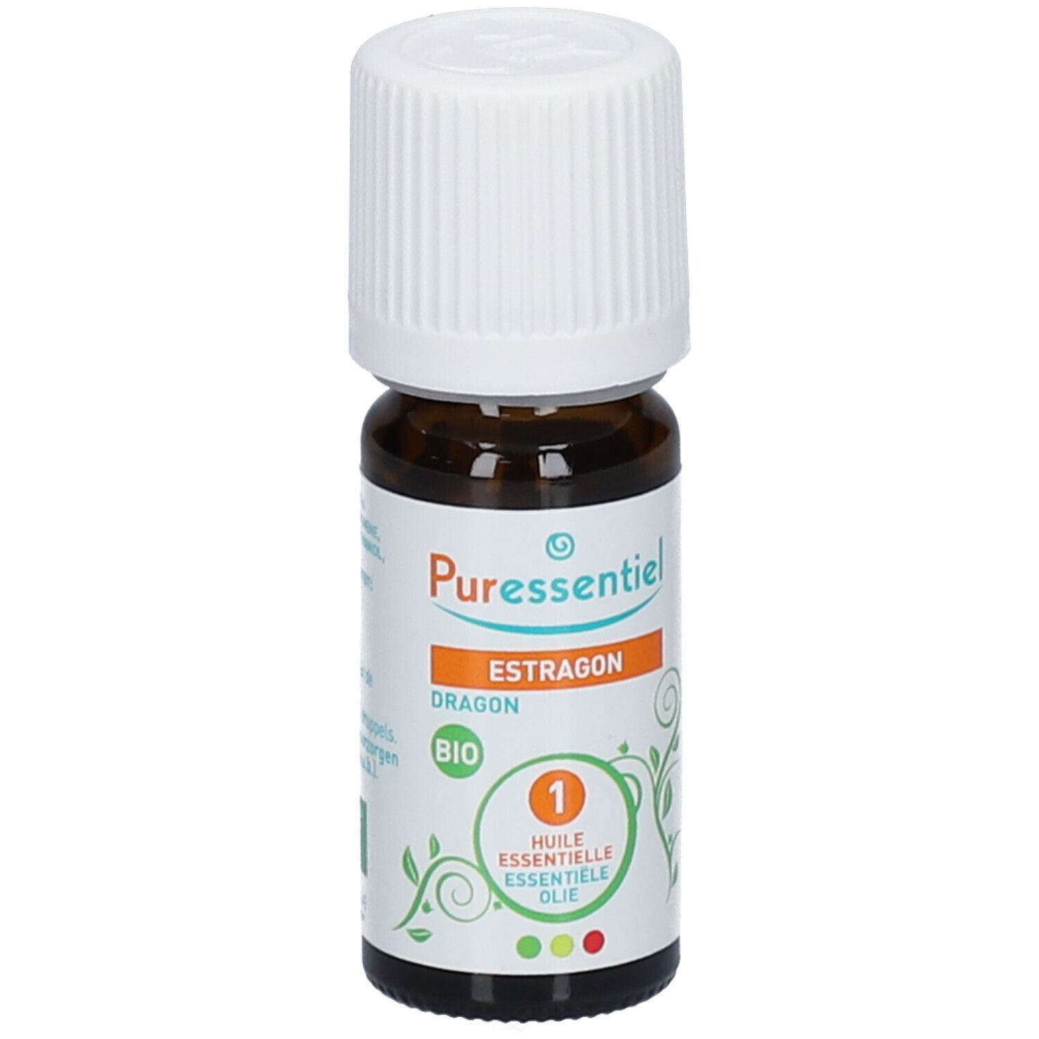 Flacon en verre brun avec bouchon blanc. Inscription: Puressentiel Estragon BIO. Illustration de feuilles vertes.