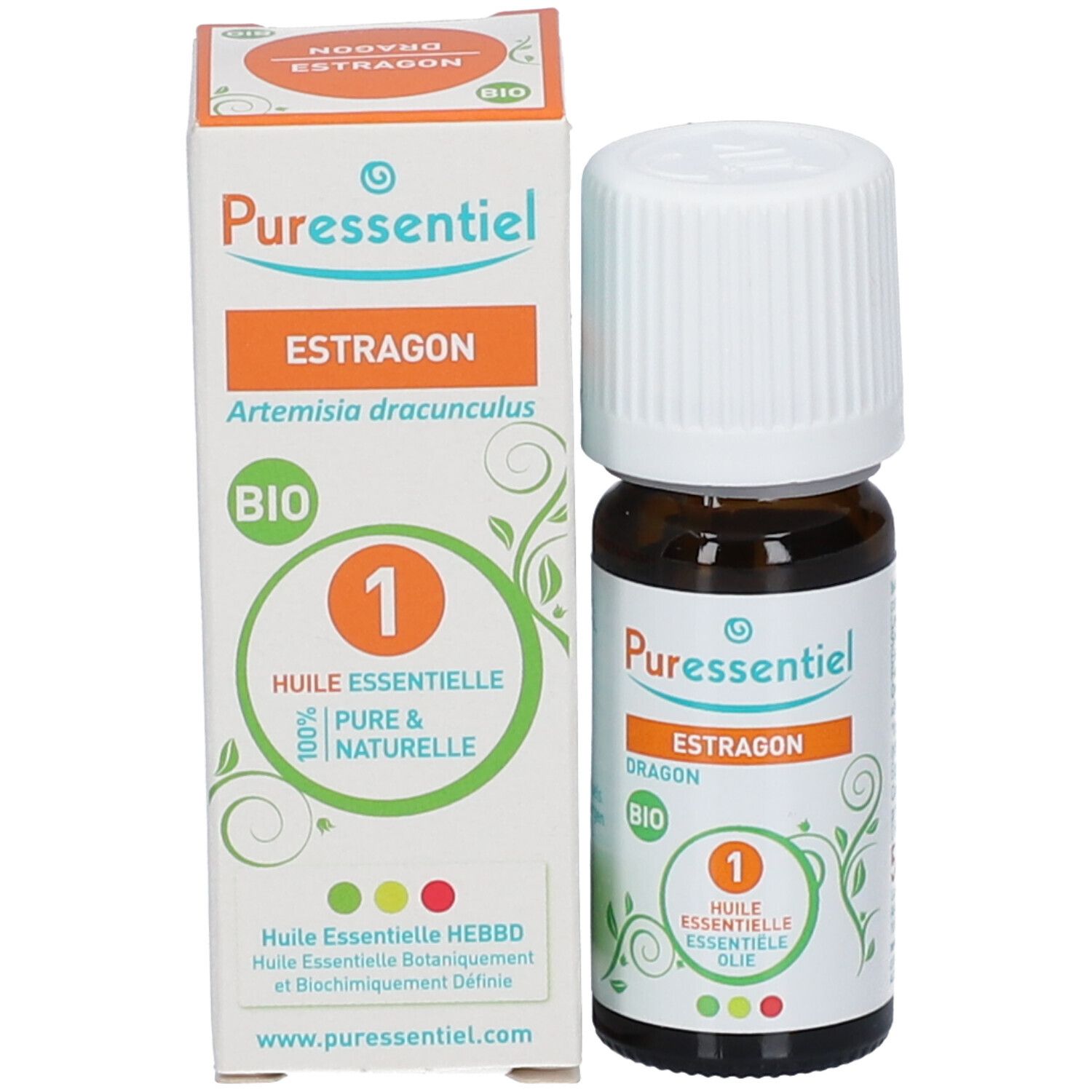 Emballage du produit avec flacon. Inscription: Puressentiel Estragon BIO. Illustration de feuilles vertes. Flacon à côté.