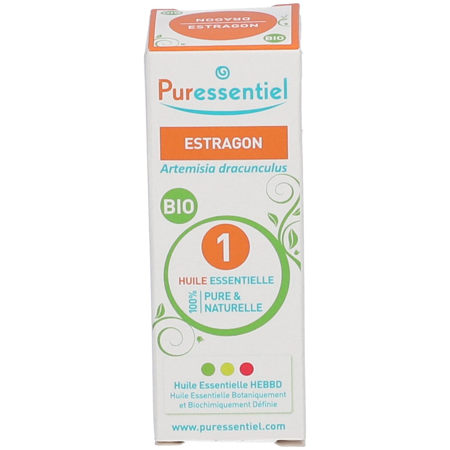 Emballage du produit. Inscription: Puressentiel Estragon BIO. Illustration de feuilles vertes. Texte.