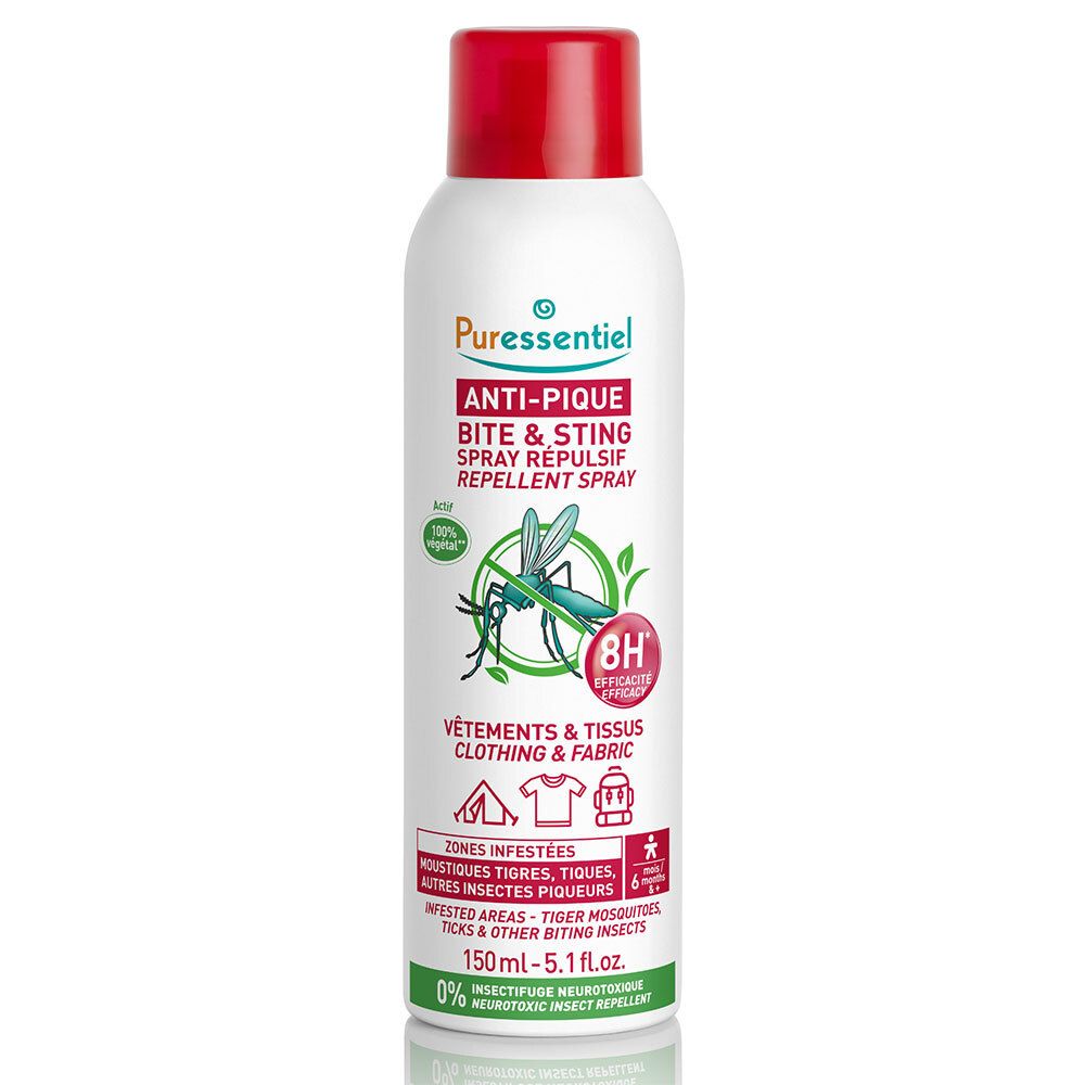 Spray blanc à bouchon rouge. Inscription ANTI-PIQUE, Spray répulsif. Illustration de moustique. 150 ml.