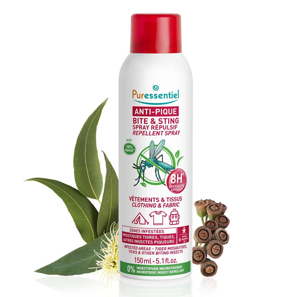 Spray blanc à bouchon rouge. Inscription ANTI-PIQUE, Spray répulsif. Illustration de moustique. 150 ml. Avec feuilles et fleurs.