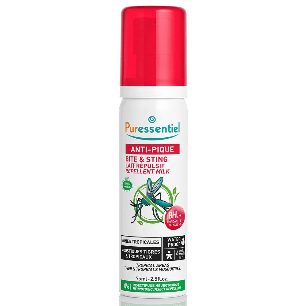 Spray blanc, bouchon rouge. Inscription ANTI-PIQUE, Lait Répulsif. Illustration moustique.