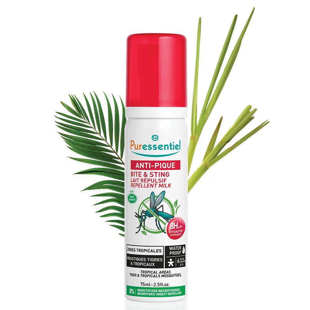 Spray blanc, bouchon rouge. ANTI-PIQUE, Lait Répulsif. Moustique. Feuilles vertes en arrière-plan.