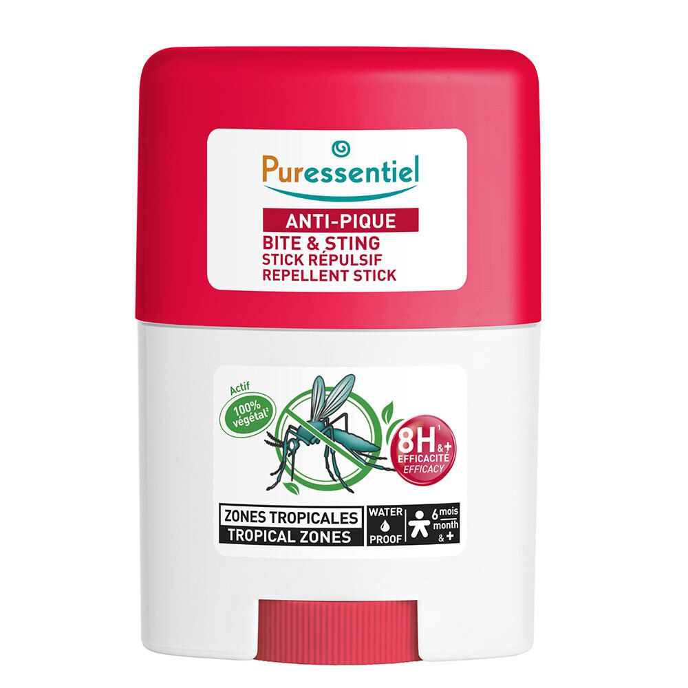 Stick blanc et rouge avec texte 'ANTI-PIQUE'. Logo vert avec insecte. Texte: 'BITE & STING STICK REPULSIF'.