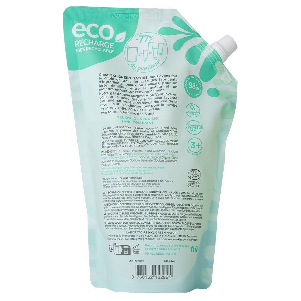 mkl GEL DOUCHE ECO-RECHARGE CERTIFIÉE BIO 900ML - ALOE VERA