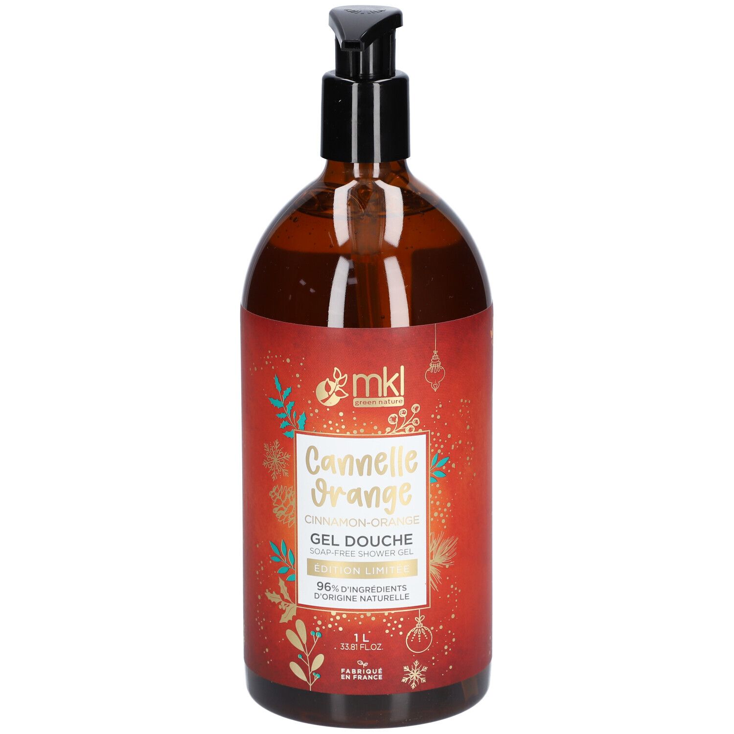 Flacon marron avec pompe noire. Inscription: Cannelle Orange, Gel Douche. 96% d'ingrédients d'origine naturelle.