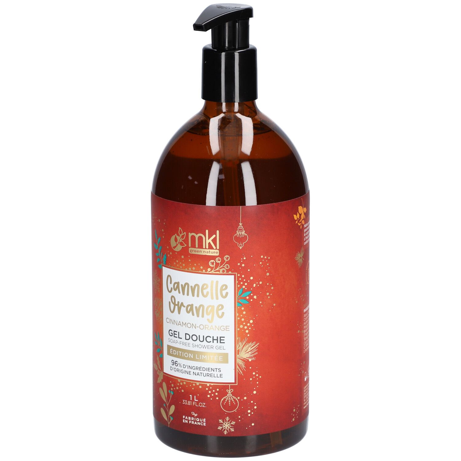 Flacon marron avec pompe noire. Inscription: Cannelle Orange, Gel Douche. 96% d'ingrédients d'origine naturelle.