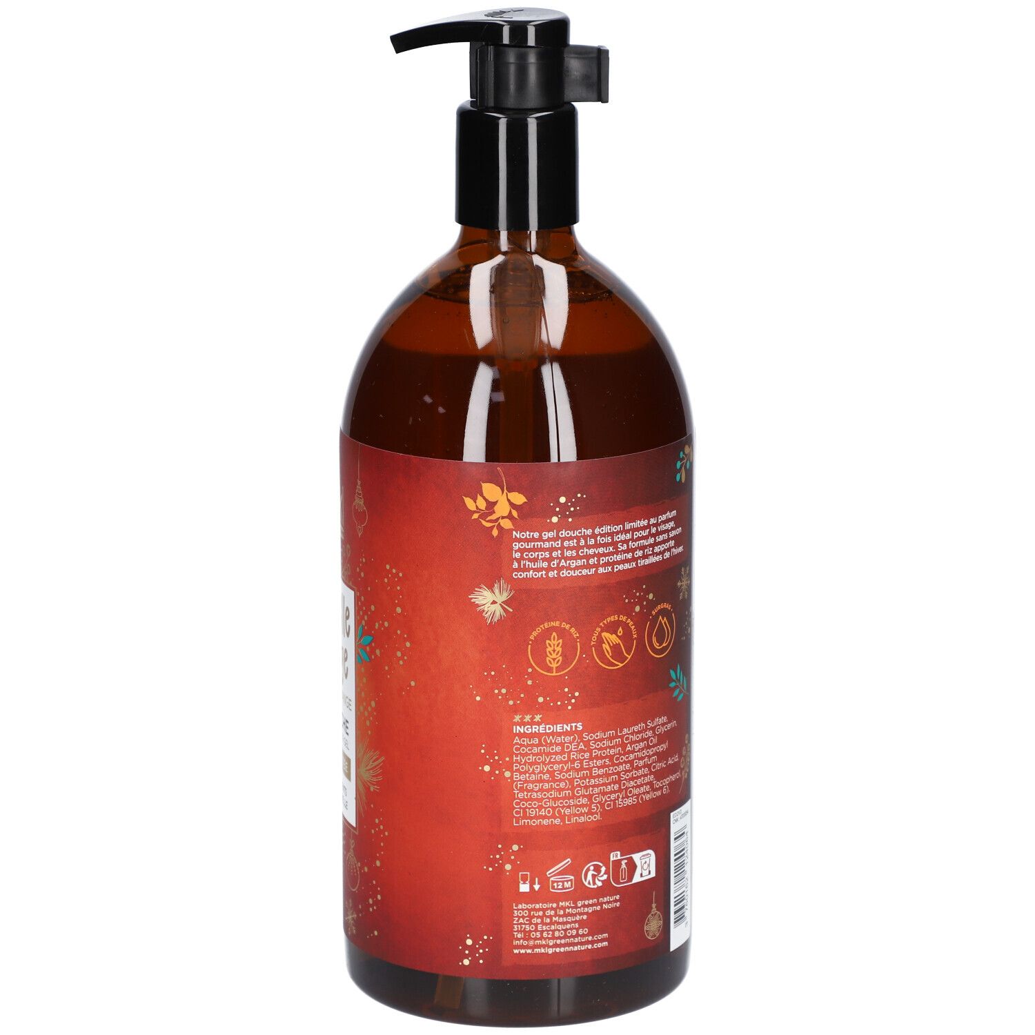 Flacon marron, dos avec texte. Inscription: Cannelle Orange, Gel Douche. Détails sur les ingrédients et l'utilisation.