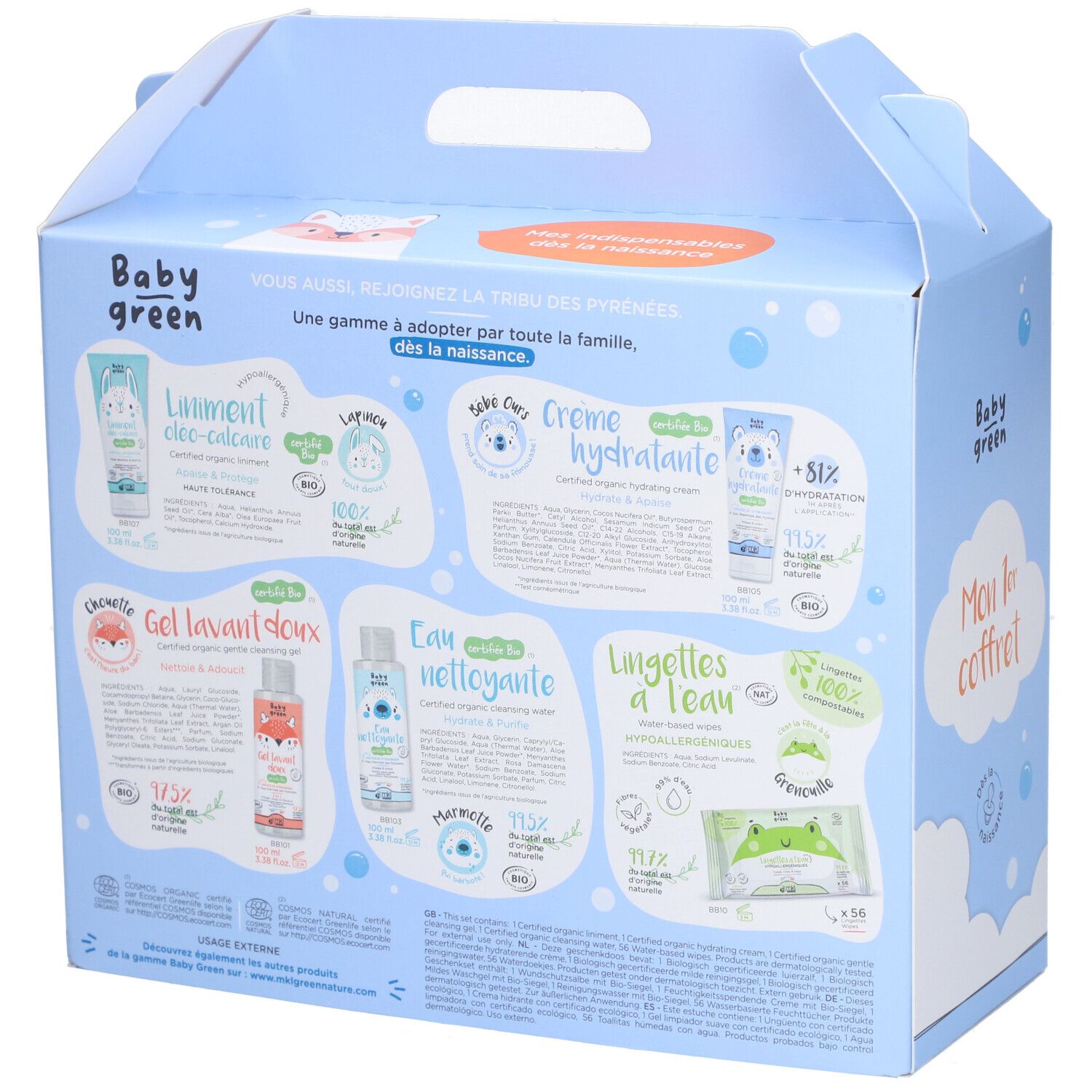 Dos du coffret cadeau bleu clair. Descriptions de produits et illustrations. Logo Baby Green. Texte en français.