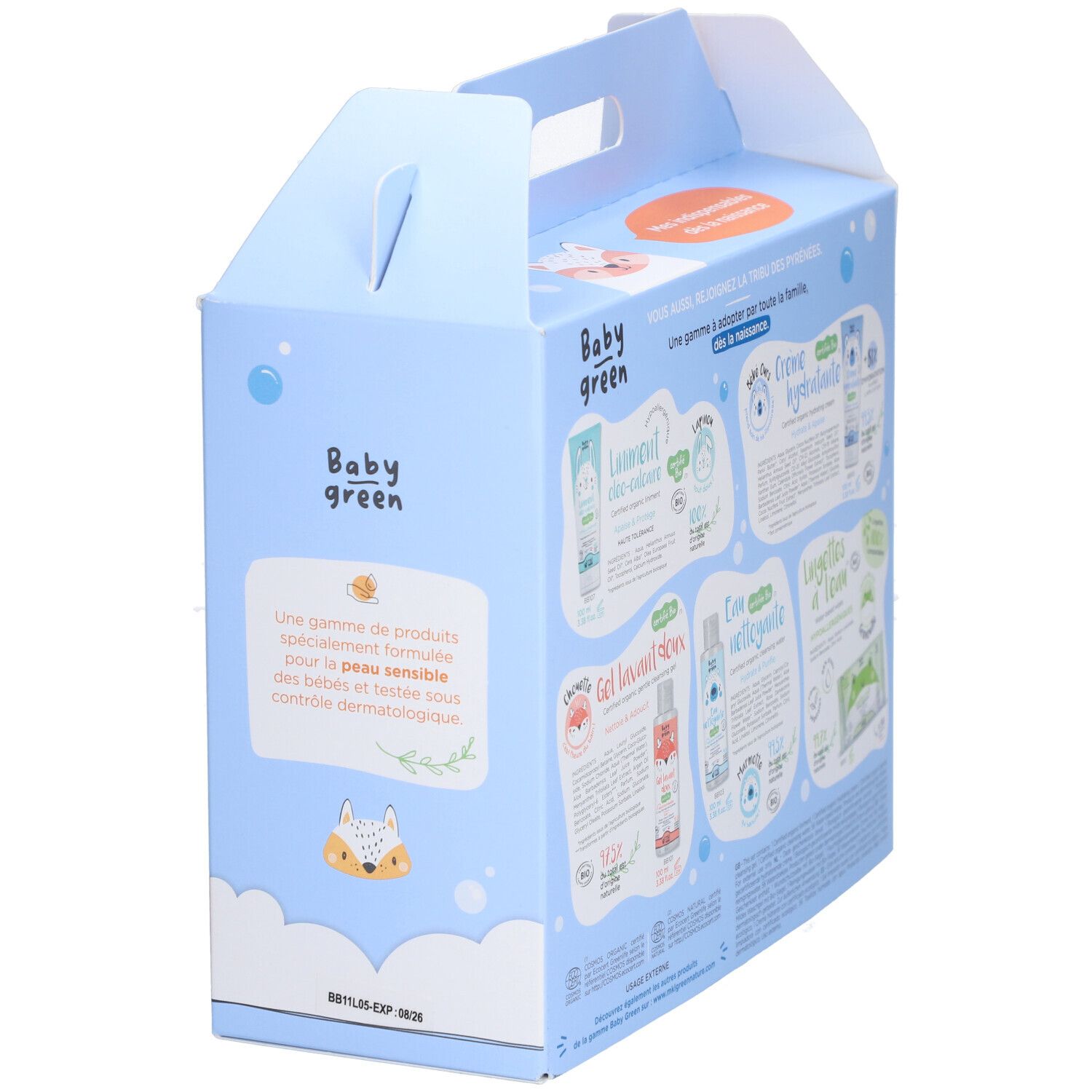 Côté du coffret cadeau bleu clair. Descriptions de produits et illustrations. Logo Baby Green. Texte en français.