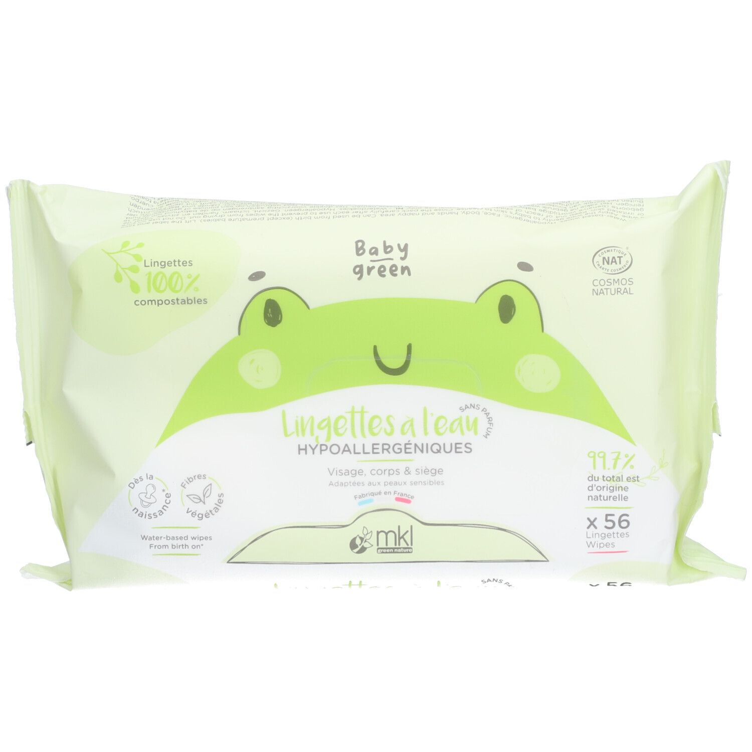 Paquet de lingettes Baby Green. Emballage vert clair avec illustration de grenouille. Texte: Lingettes à l'eau, 100% compostables, 56 unités.