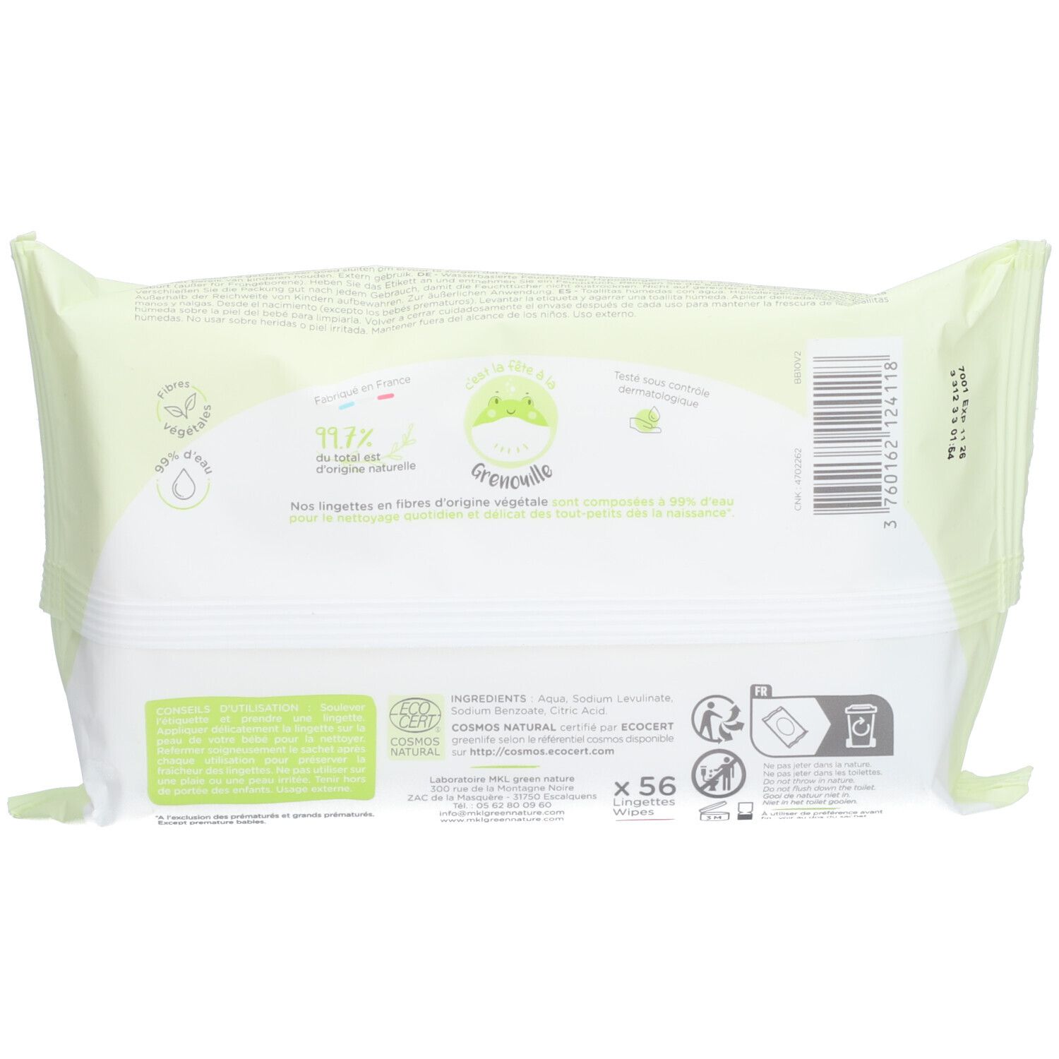 Dos du paquet de lingettes Baby Green. Vert clair. Texte: 99,7% d'origine naturelle, 56 lingettes. Liste des ingrédients et symboles de recyclage.