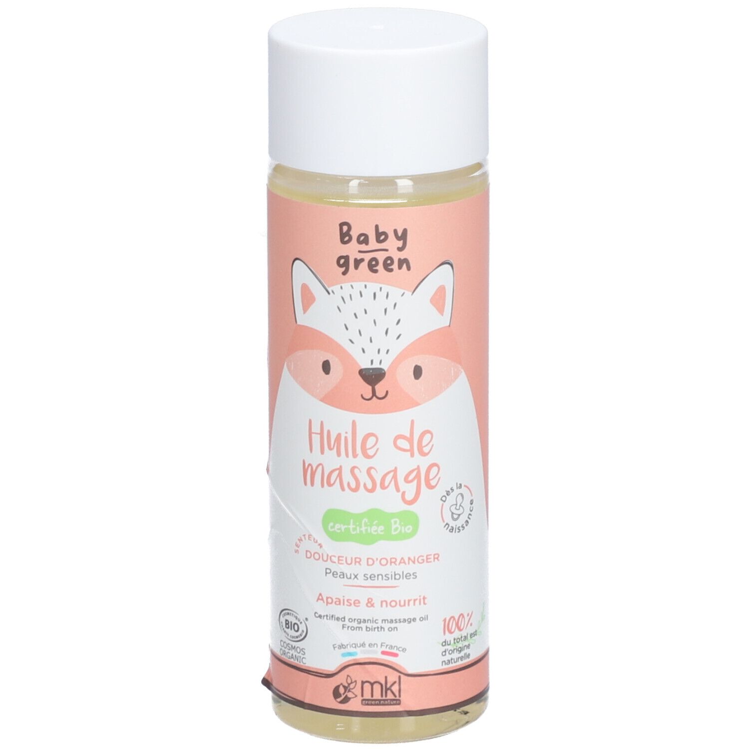 Flacon d'huile de massage Baby Green. Étiquette rose avec illustration de renard et texte: Huile de massage, Douceur d'Oranger.