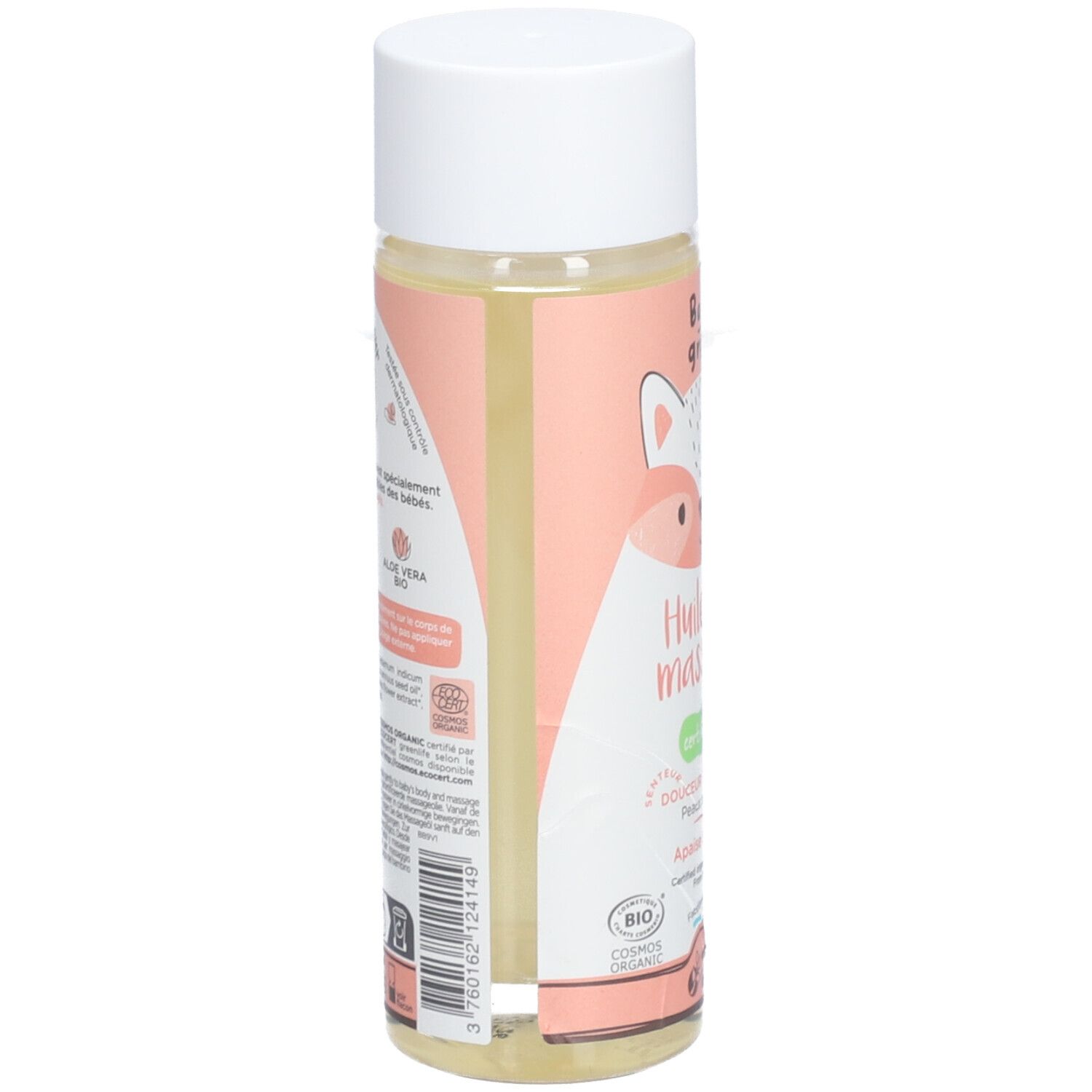 Vue latérale du flacon d'huile de massage Baby Green. Étiquette rose avec texte et illustrations. Bouchon blanc. Liquide transparent visible.