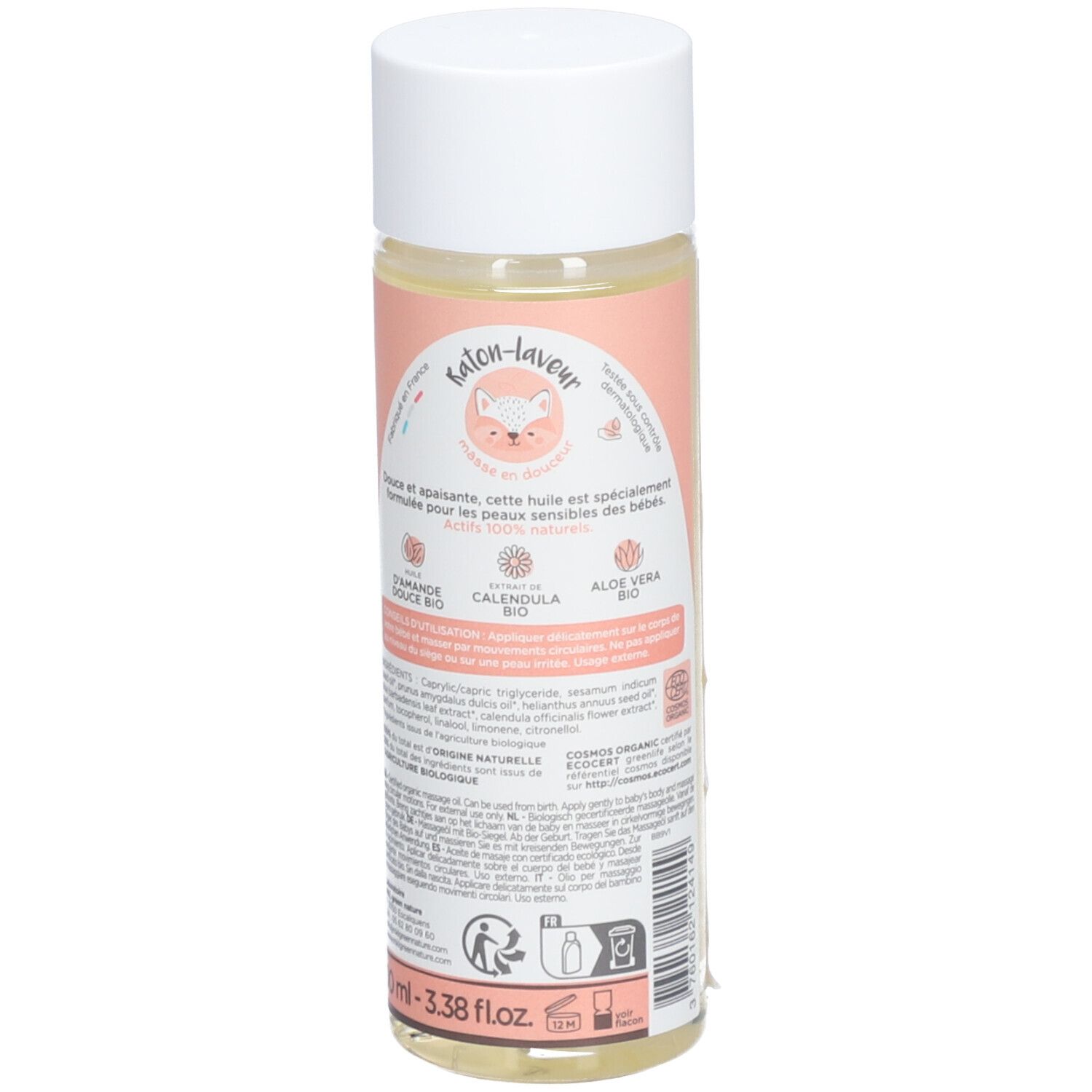 Dos du flacon d'huile de massage Baby Green. Étiquette rose avec texte et illustrations. Liste des ingrédients et certifications.